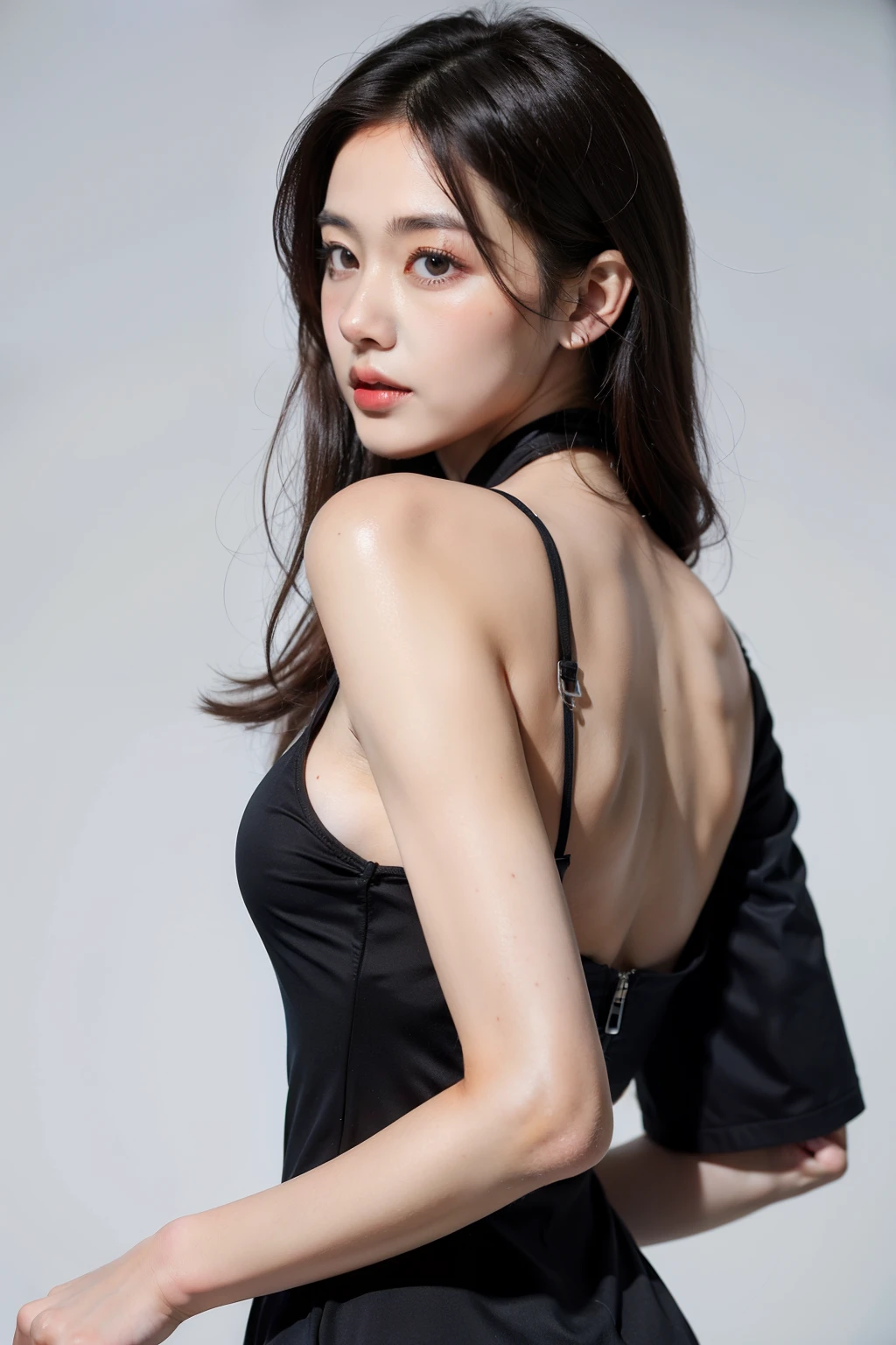 8620 (Dancing iron),8620 (校服),tmasterpiece, Best quality at best, ultra - detailed, illustratio,Black dress,has cleavage,back to look back,:d,white backgrounid,((Eye highlights))