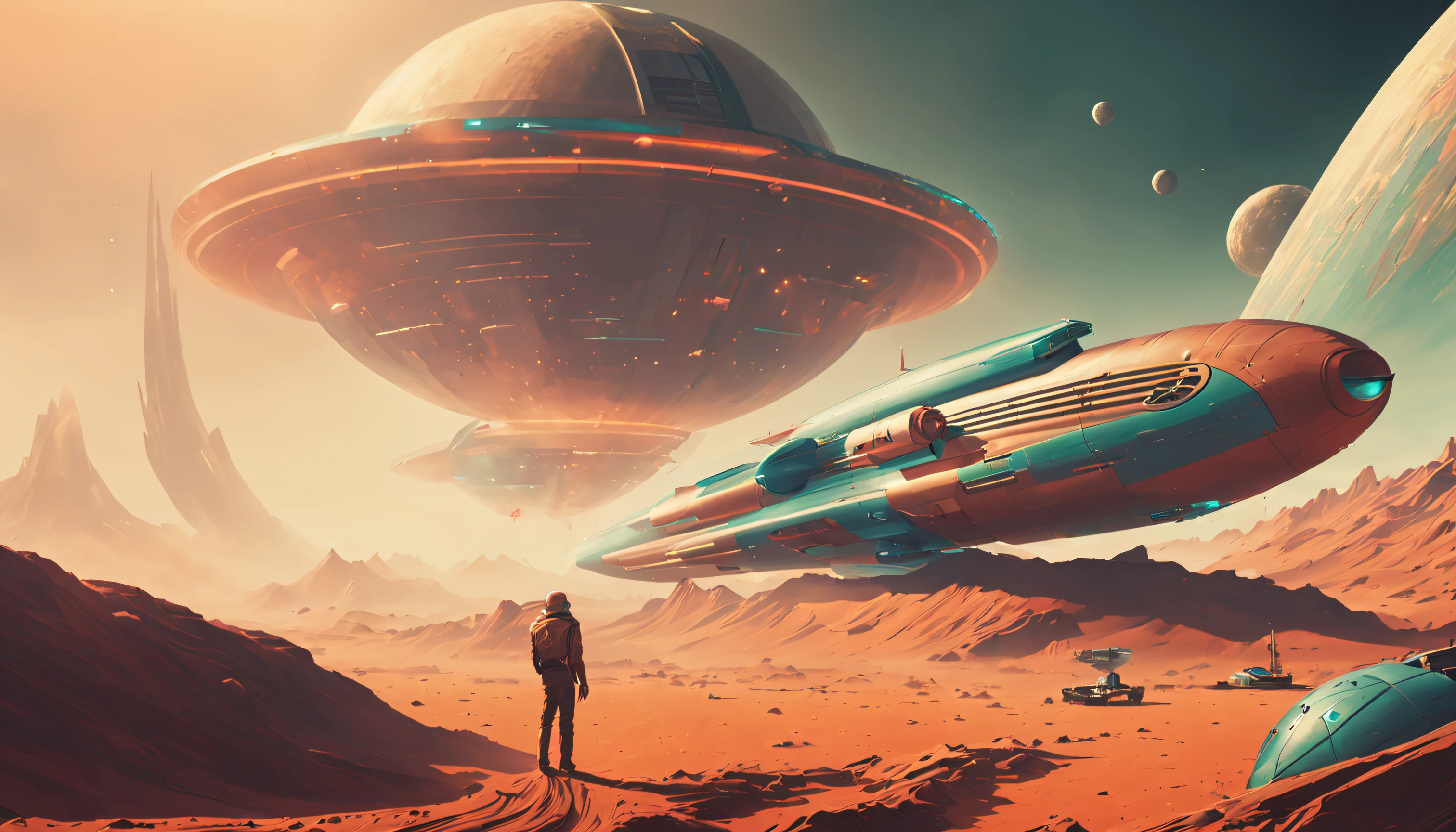 (Retro Futurism, atmospheric perspective, panorama, masterpiece, UHD, award winning), featured on artstation, spaceship landing on a strange planet, retro colors,