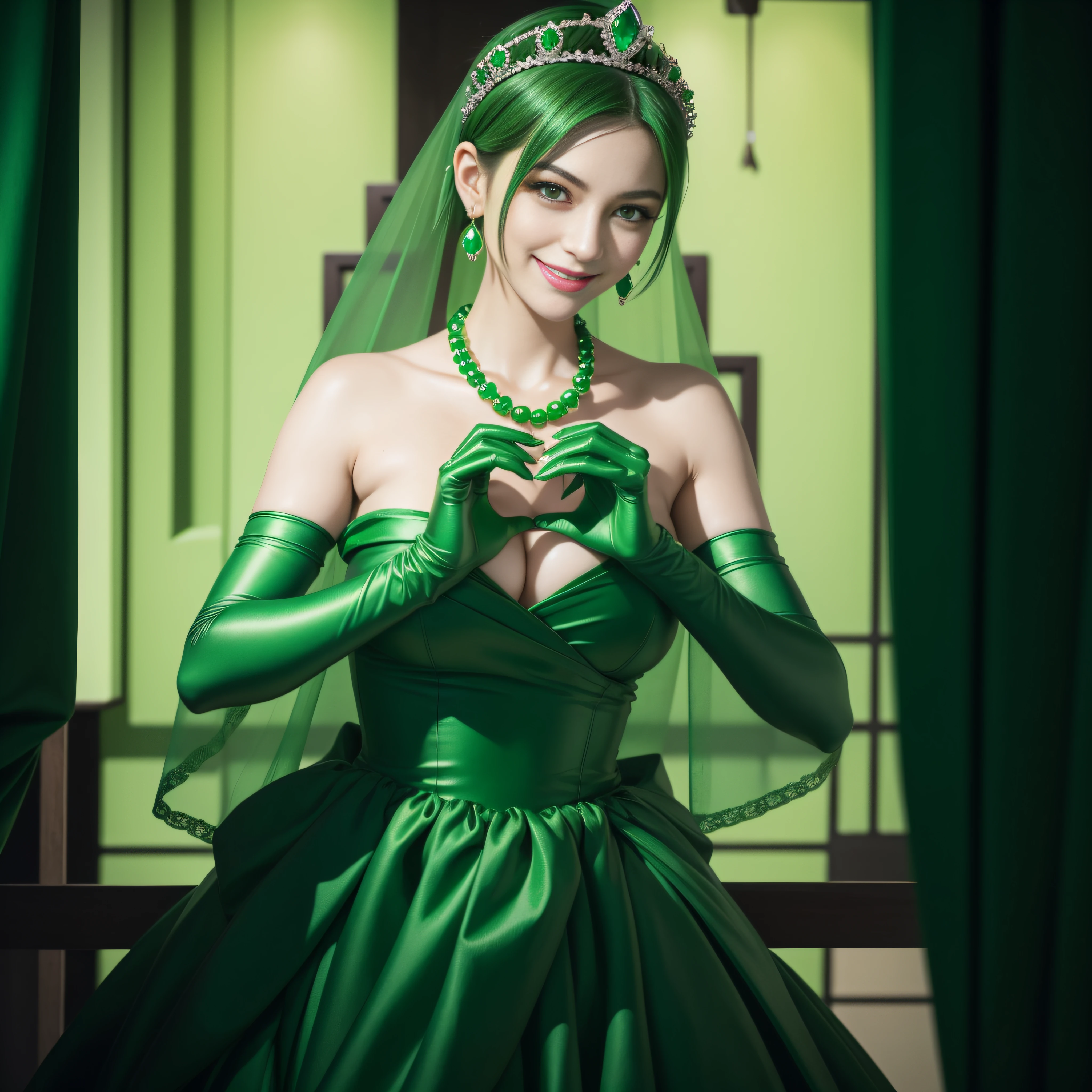 emerald tiara, Green Pearl Necklace, Boyish very short green hair, lipsticks, Japan woman smiling, very short short hair,  big breasts beautiful, Green eyes, Long green gloves made of satin material, Green eyes, Emerald Earrings, green vale, Heart with both hands