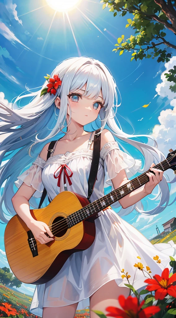 Uma garota linda, cartoon, branca, cabelos castanhos, cabelos cacheados, oculos redondos, olhos fechados, feliz, camisa vermelha, perfil, playing the guitar, acoustic guitar, em um campo aberto, muitas flores, flores vermelhas, por do sol, paisagem, aquarela, detalhado