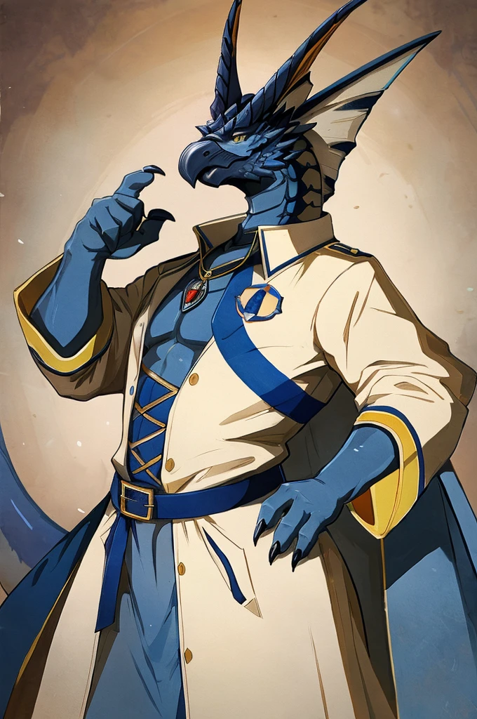 A Legiana as a German official posing for a portrait, white-blue uniform, clawed fingers, 4 fingers, 1900s photograph, long coat, open coat, blue outlining, padded fingers, golden-blue belt, tail, yellow eyes, front view,