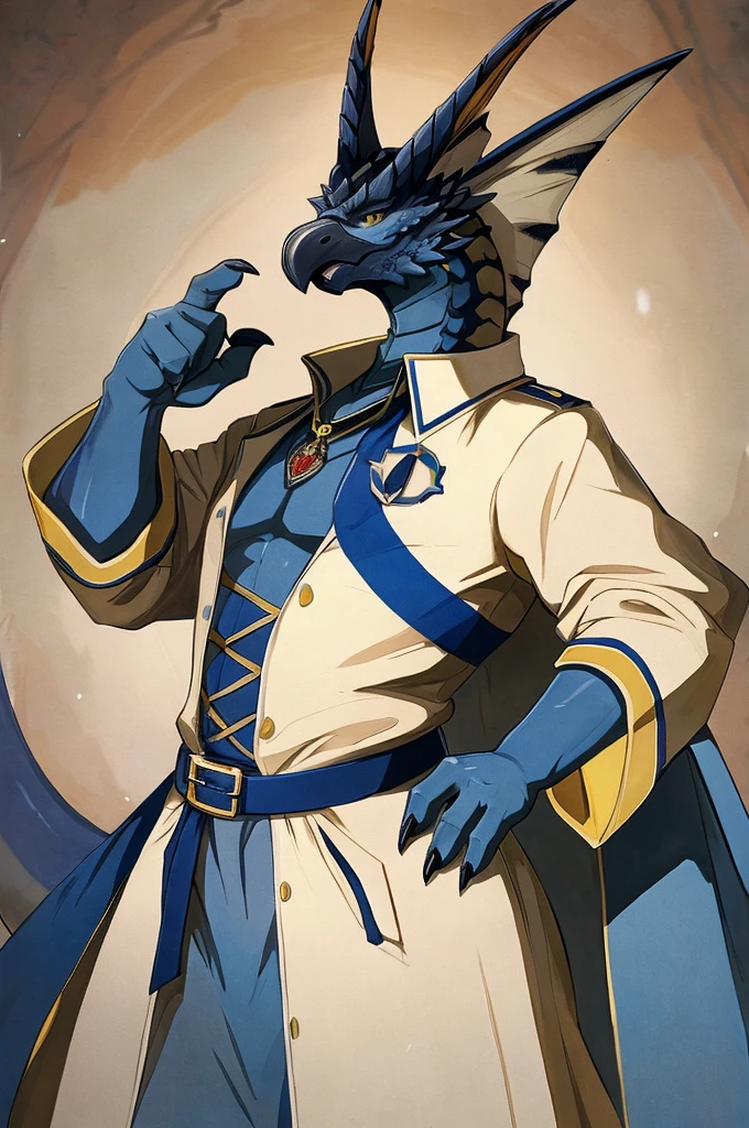 A Legiana as a German official posing for a portrait, white-blue uniform, clawed fingers, 4 fingers, 1900s photograph, long coat, open coat, blue outlining, padded fingers, golden-blue belt, tail, yellow eyes, front view,