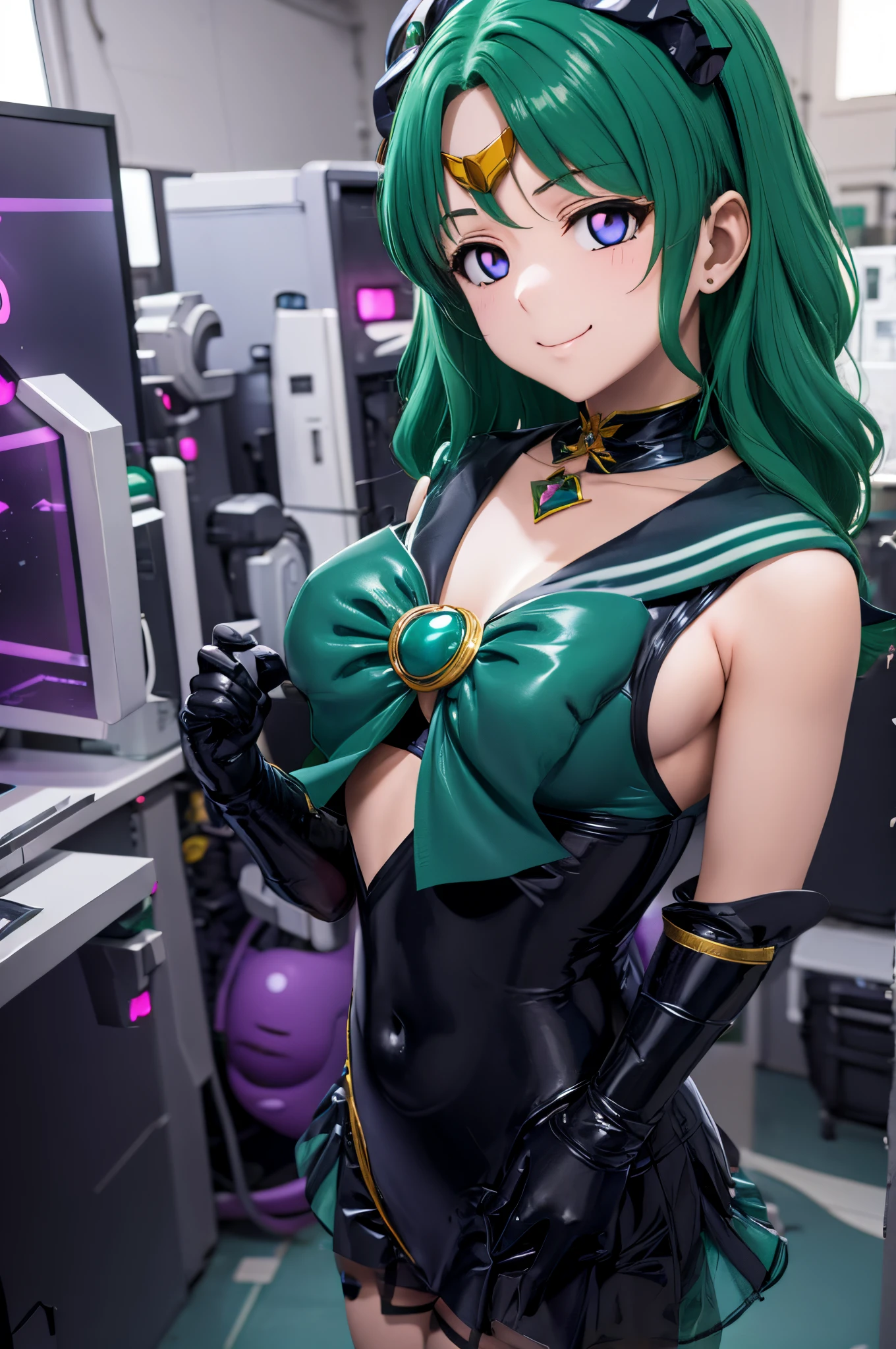 Sailor Neptune of the Fallen. female solo. Aqua color hair. Brainwashed eyes. A black mask that hides the eyes. Evil costume. nefarious smirk. Latex Costume. Full Body Stockings. Futuristic machine background.