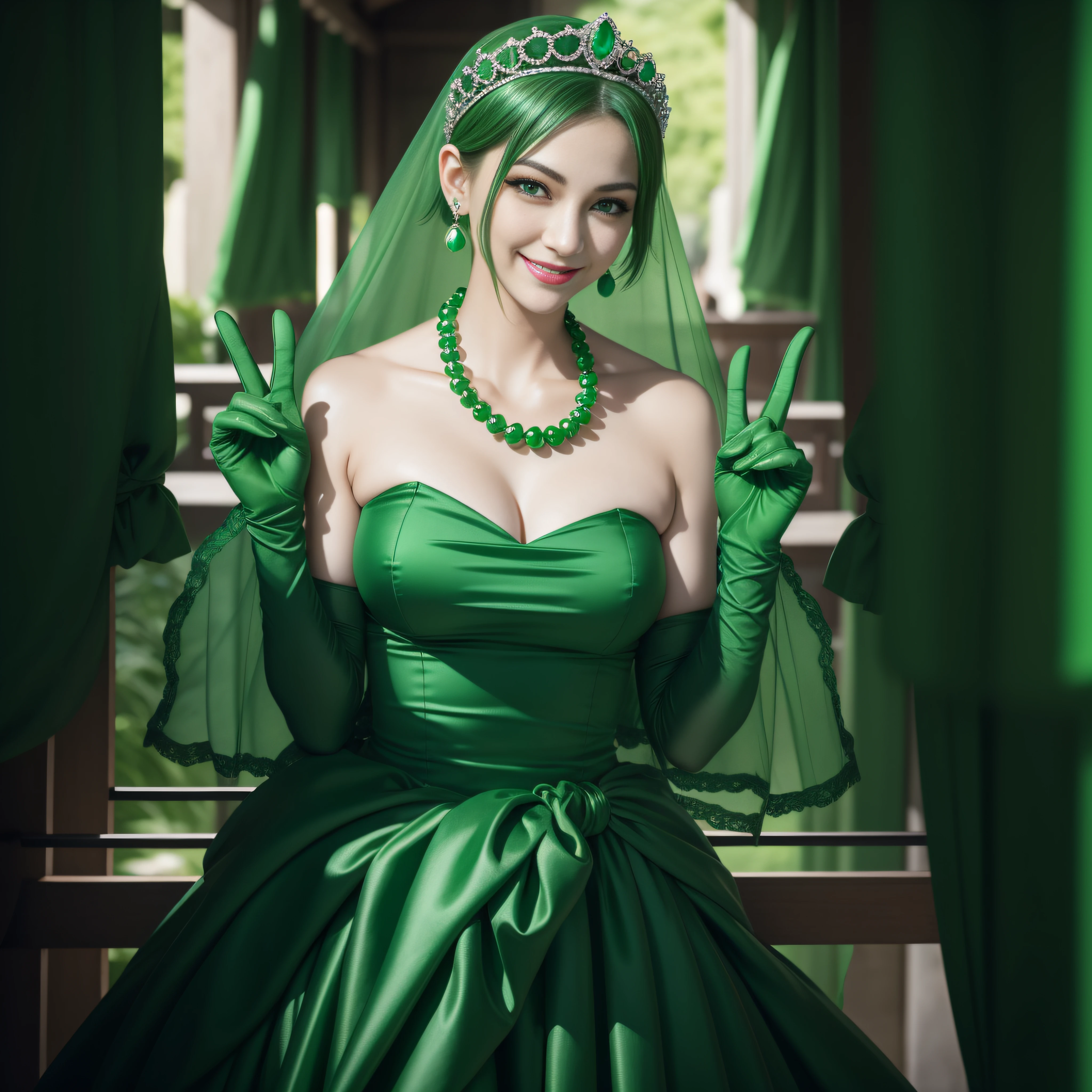 emerald tiara, Green Pearl Necklace, Boyish very short green hair, lipsticks, Japan woman smiling, very short short hair, big breasts beautiful, Green eyes, Long green gloves made of satin material, Green eyes, Emerald Earrings, green vale, v sign