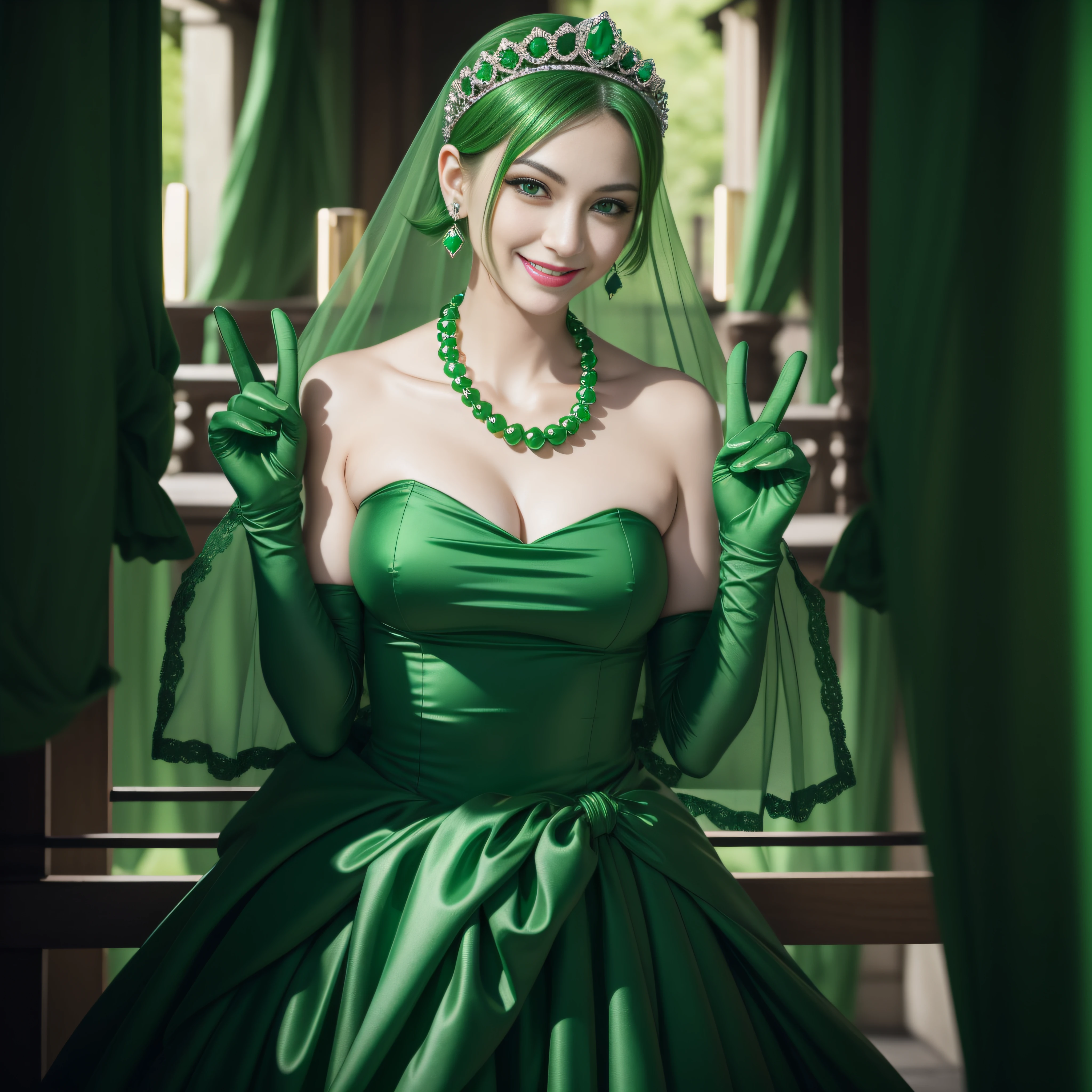 emerald tiara, Green Pearl Necklace, Boyish very short green hair, lipsticks, Japan woman smiling, very short short hair, big breasts beautiful, Green eyes, Long green gloves made of satin material, Green eyes, Emerald Earrings, green vale, v sign