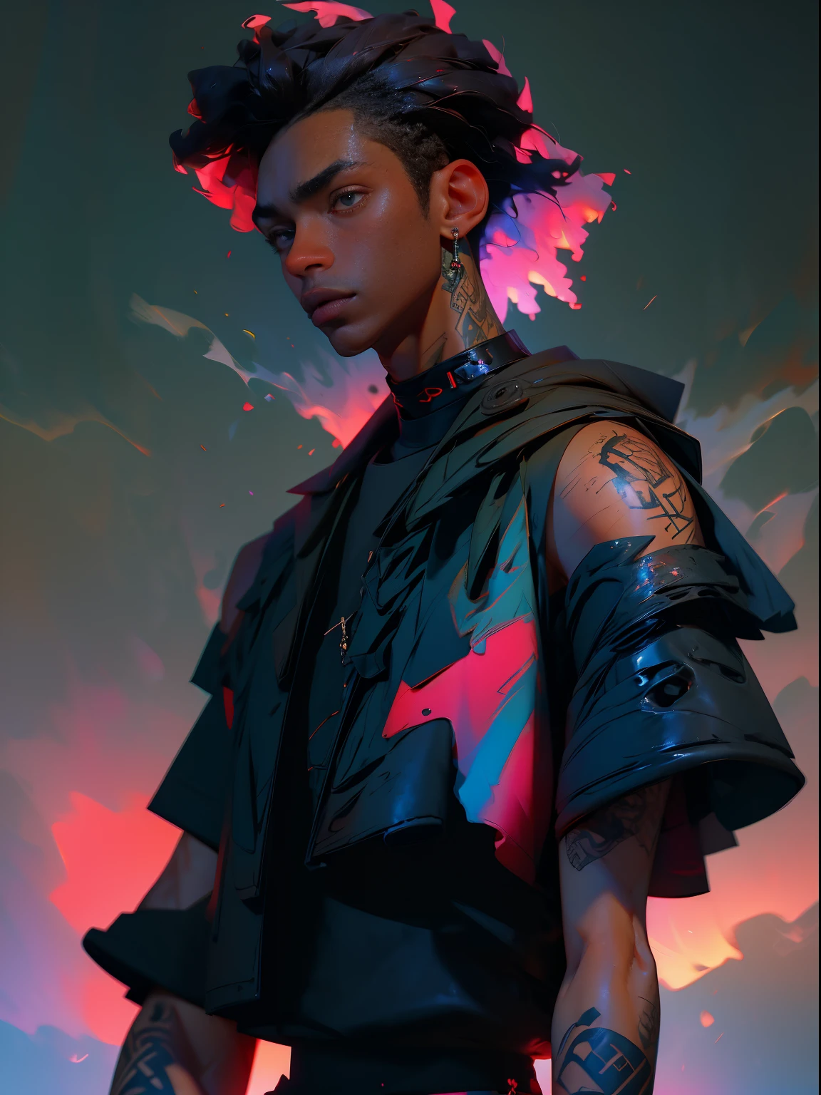 a black man wearing Balenciaga clothes, abstract, avant-garde style wear, street photography, (upper body), tattoo, oil paintings, ultra-high detailed, 8k, colorful background, fog, mist, long exposure, lens flare