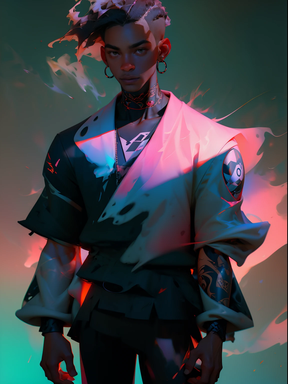 a black man wearing Balenciaga clothes, abstract, avant-garde style wear, street photography, (upper body), tattoo, oil paintings, ultra-high detailed, 8k, colorful background, fog, mist, long exposure, lens flare