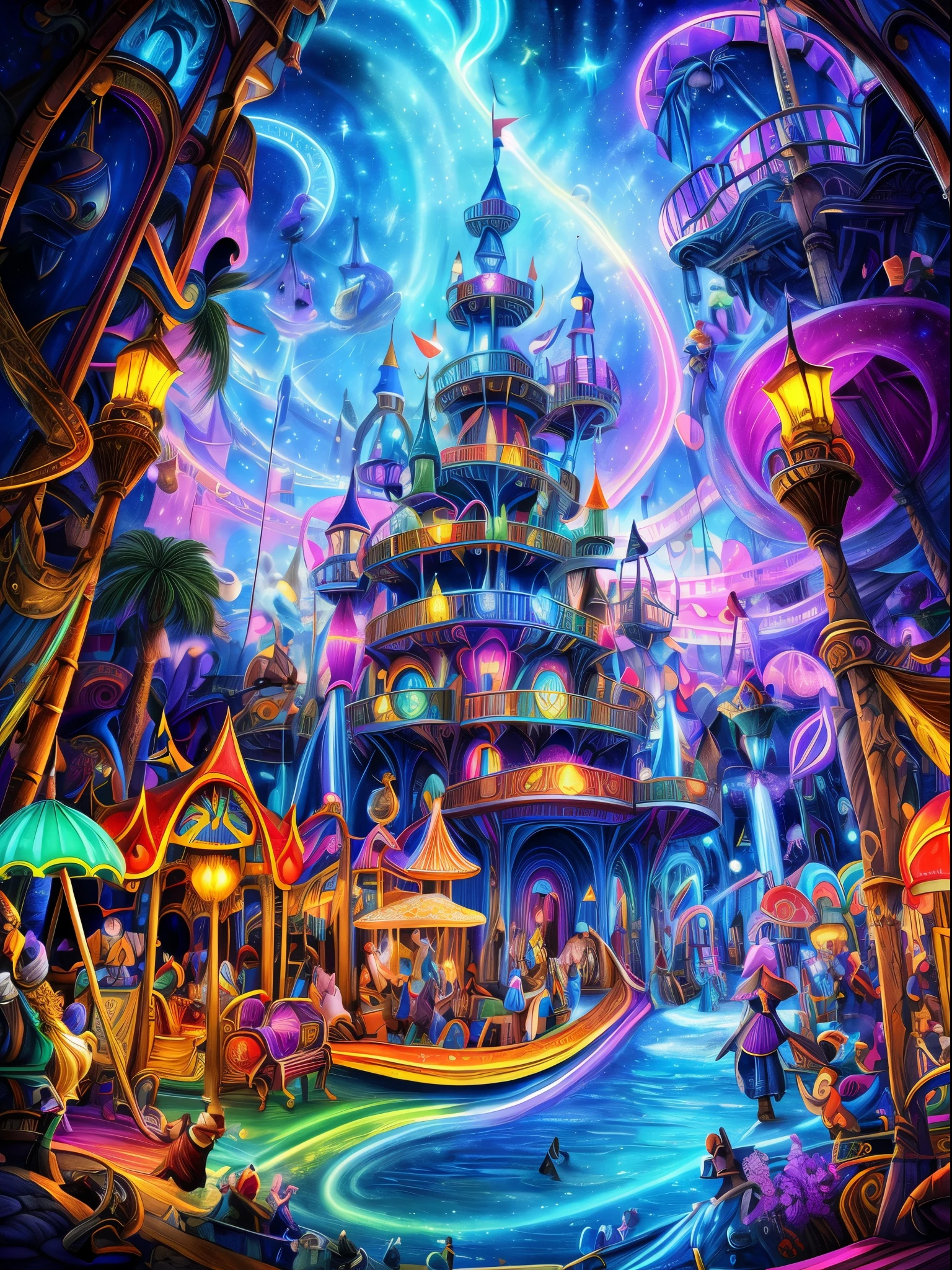 (Best quality, 8K, A high resolution, tmasterpiece:1.2), ultra - detailed, (actual, realistically:1.37), vibrant with colors, Magical atmosphere, Whimsical, ((disney pirate theme park, pirates of the caribbean，fountain and carousel, Lively Pirate Town Park, Beautiful fairy neon colors, Medieval Fantasy Town Theme Park, Magical neon colors and atmosphere, concept art magical highlight, magical concept art, Fantasy style, Magical fantasy，The content is very detailed, disney theme park, magical colors and atmosphere, An amusement park, roller coasters, pirate ships, bumper cars, he Ferris wheel, waterpark)), Surreal, Psychedelic, Complicated details, Beautiful texture, Ethereal, like a dream, Soft glowing light, Charming Patterns, Fantasy creatures, Hidden surprises, dreamlike landscapes, Surreal color palette, Mystic aura, ultra-realistic realism, Enchanting journey, psychedelic trip, vivid imagination, immersive experience, mysterious creature, otherworldly charm, glowing paths, Light up the Magic Theme Park, surreal sky, Whimsical theme park, a magical encounter,Fascinating artwork