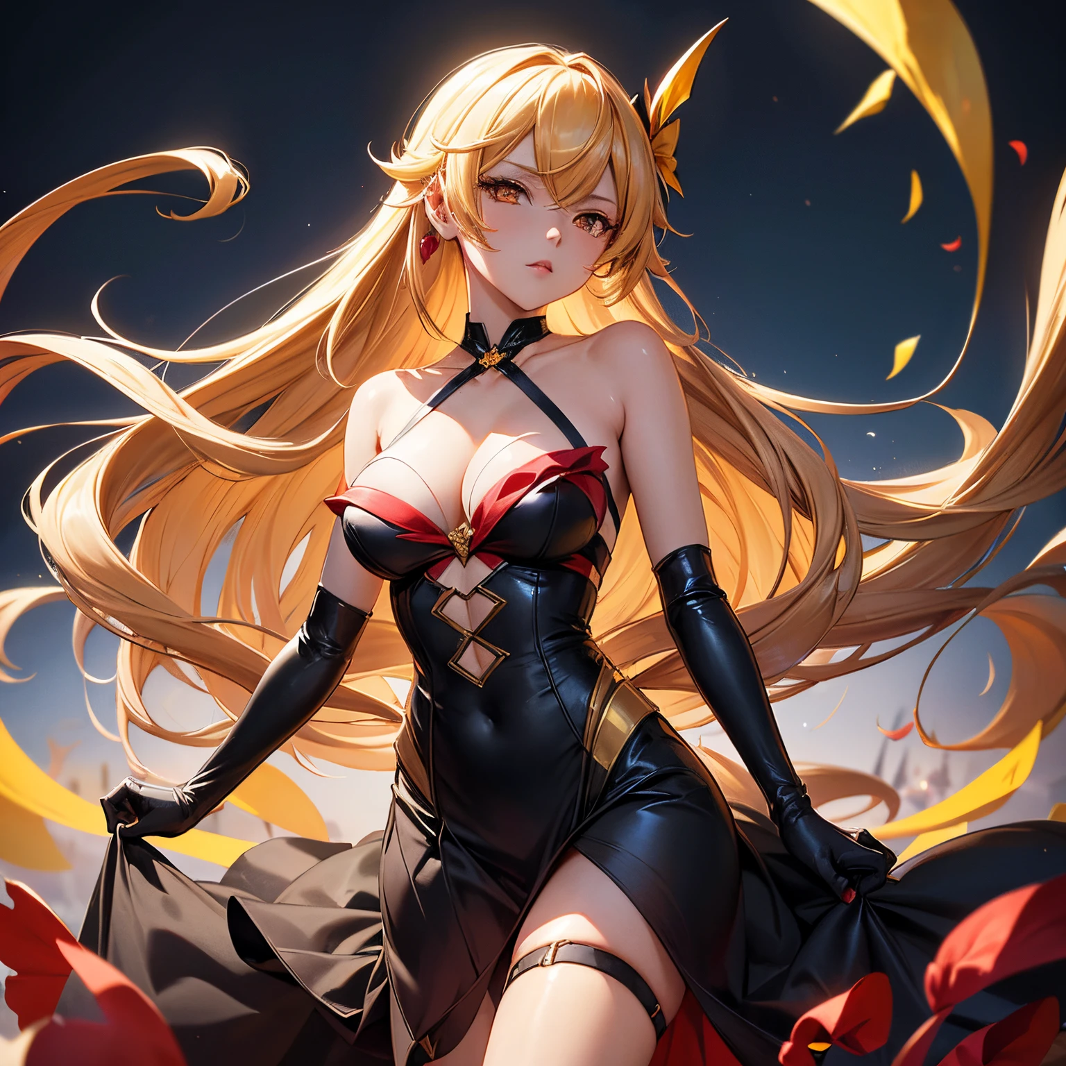 Top quality, best picture quality, masterpiece, detailed, high quality, visual art, 4K, 1 girl, solo, ((Oshino Shinobu, Kiss Shot Acerola Orion Heart Under Blade 2.0)), long hair, very long hair, beautiful blond hair, dress (black, red), long dress, big breasts, cleavage , collarbones, gloves, elbow gloves, golden eyes, cool, cold expression,