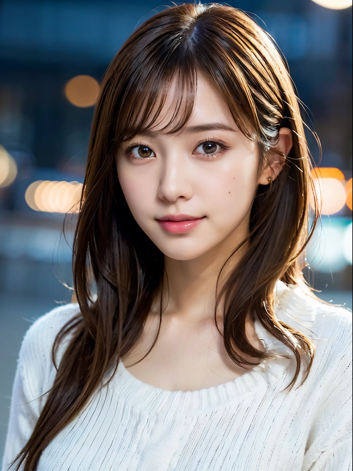 1girl in,(White sweater:1.4),(Muffler on the neck), (Raw photo, Best Quality), (Realistic, Photorealsitic:1.4), masutepiece, extremely delicate and beautiful, Extremely detailed, 8k wallpaper, amazing, finely detail, extremely detailed CG Unity, hight resolution, Soft light, Beautiful detailed 19 year old girl, extremely detailed eye and face, beautiful detailed nose, Beautiful detailed eyes,Cinematic lighting,city light at night,Perfect Anatomy,Slender body,Smiling (hair messy, asymmetrical bangs, light brown hair,)