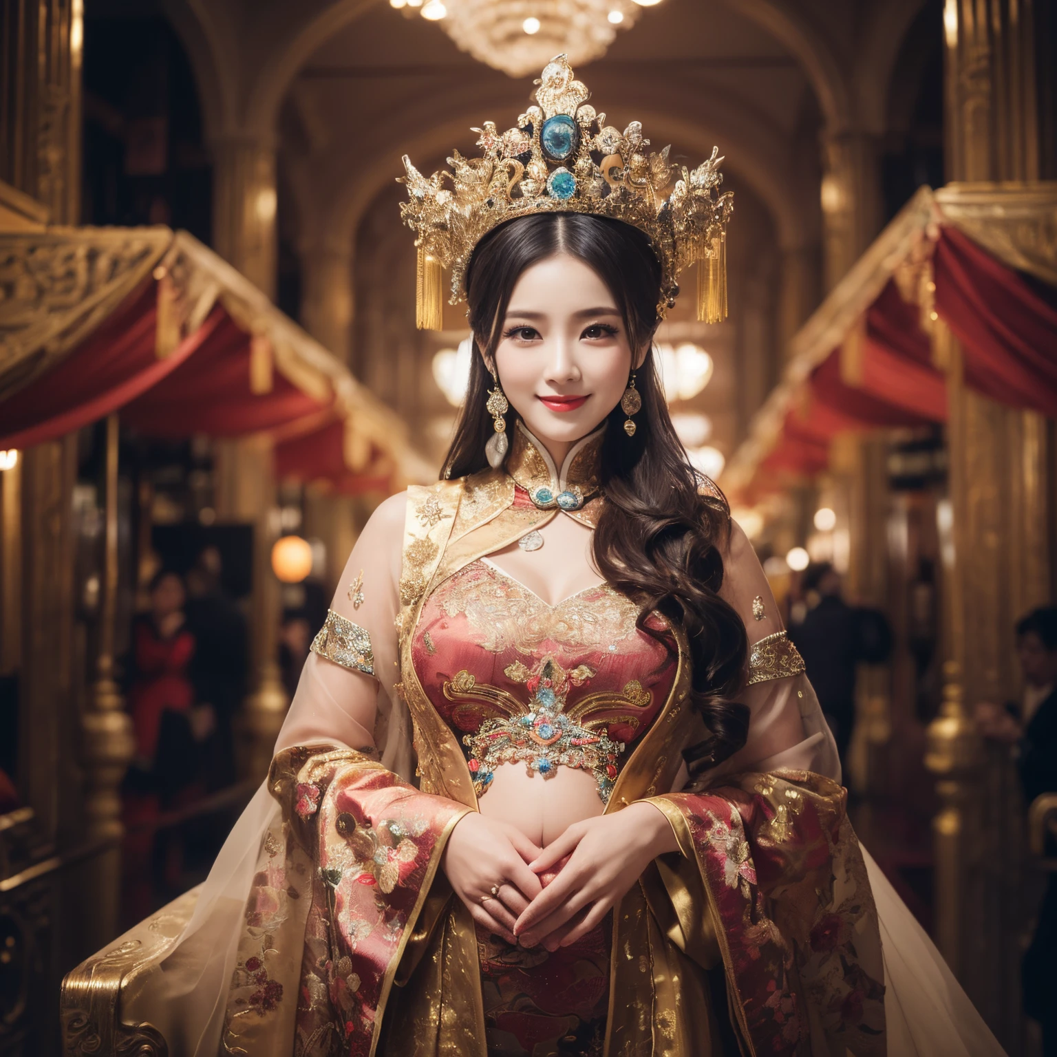 ((top-quality、masutepiece、8K、Top image quality、Highly complex and detailed depictions))、(Chinese queen full body photo:1.3)、late pregnancy、Bulging belly、pregnant queen、The gorgeous city of Chang&#39;an at night、((The most gorgeous Chinese queen&#39;s huge costume、the most vivid and luxurious costumes、big long costume、The most luxurious and huge capital of Chang&#39;an、An unimaginably luxurious building、A very luxurious and huge city、huge city at midnight、Very complex decoration、very clear huge architecture))、(View me、Bewitching smile、Perfect makeup、long eyelashes、lipsticks、Vibrant eyeshadow、perfect anatomia、A slight smil)、(Clear and luxurious capital background:1.3)、the biggest smile when you look at me、beautiful smiling face、smiling queen、Princess hairstyle、A city with a clear background、Depth of field is deep、A city with a clear background