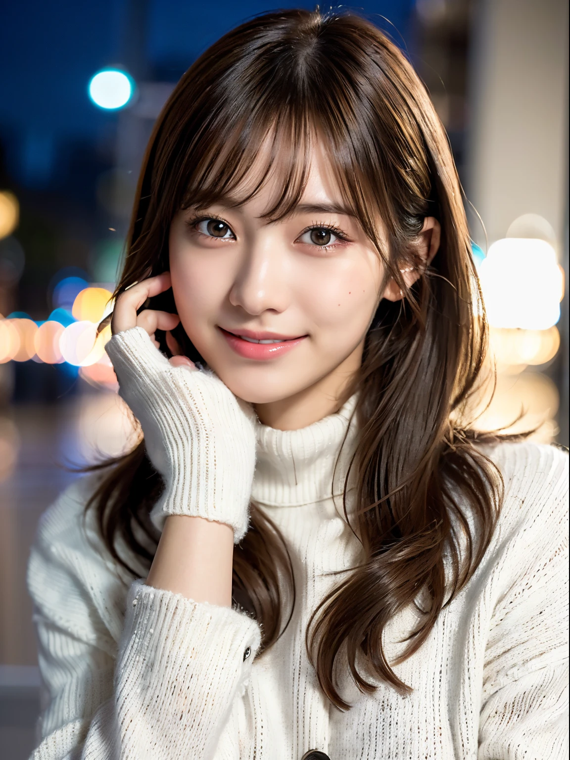 1girl in,(White sweater:1.4),(Muffler on the neck), (Raw photo, Best Quality), (Realistic, Photorealsitic:1.4), masutepiece, extremely delicate and beautiful, Extremely detailed, 8k wallpaper, amazing, finely detail, extremely detailed CG Unity, hight resolution, Soft light, Beautiful detailed 19 year old girl, extremely detailed eye and face, beautiful detailed nose, Beautiful detailed eyes,Cinematic lighting,city light at night,Perfect Anatomy,Slender body,Smiling (hair messy, asymmetrical bangs, light brown hair,)