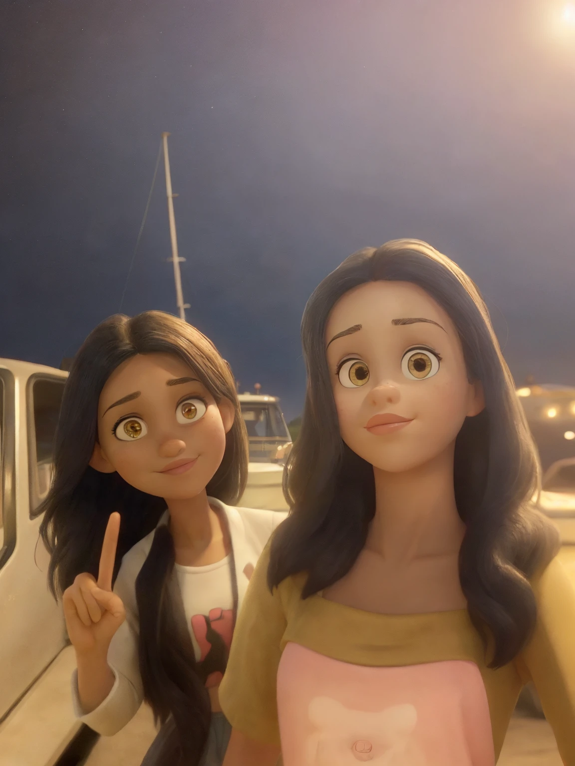 two best friends posing for a picture in front of a boat at night, it is two best fiends the girl on the right side has a lighter skin tone and the girl on the left has a little darker skin tone. The girl on the right is wearing a pink tube top shirt and the girl in the right is wearing a long sleeve white shirt. They are both making puckering lips but the girl on the left is holding the peace sign as well