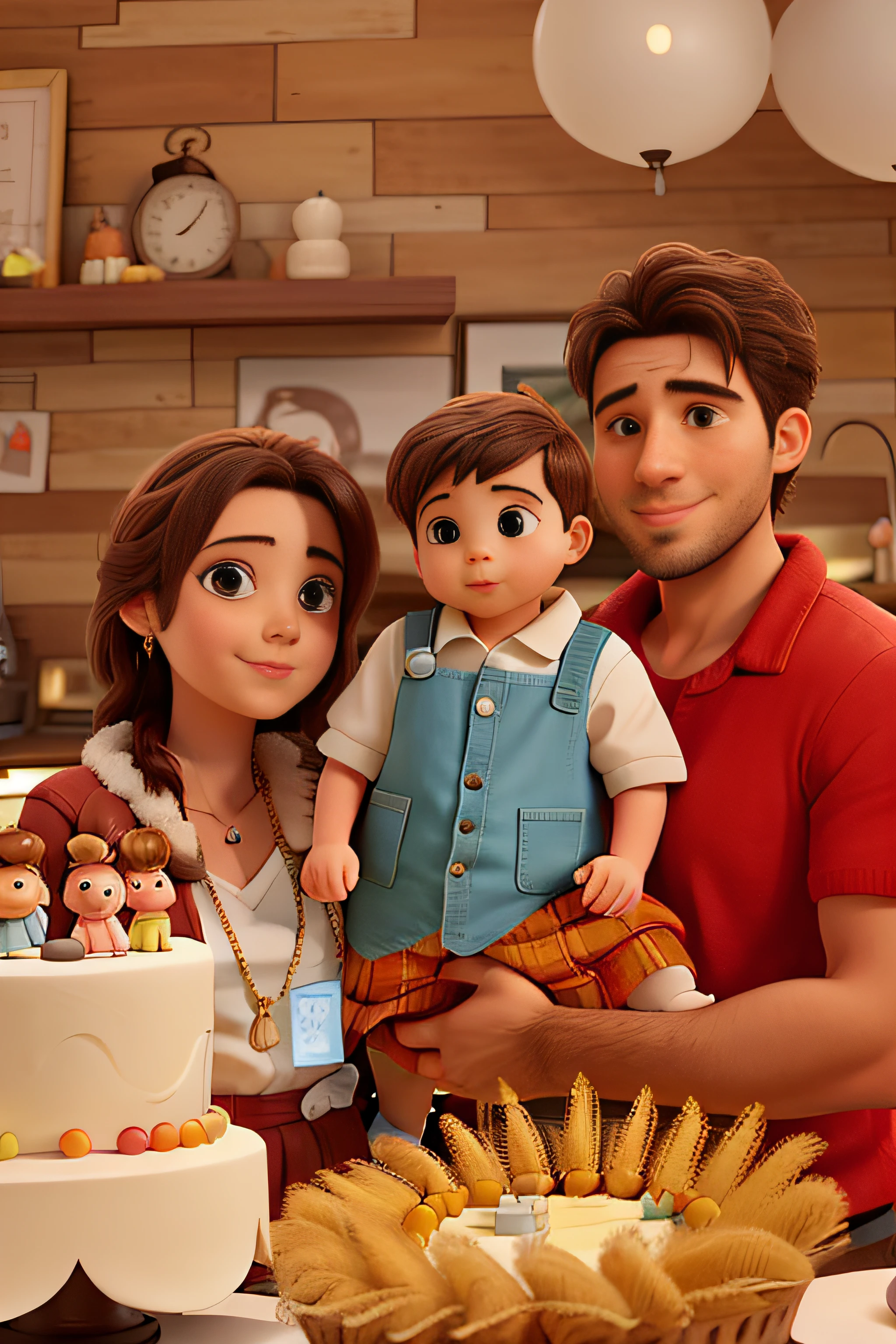 There is a man and a woman holding a baby in front of a cake, marido esposa e filho, Happy family.