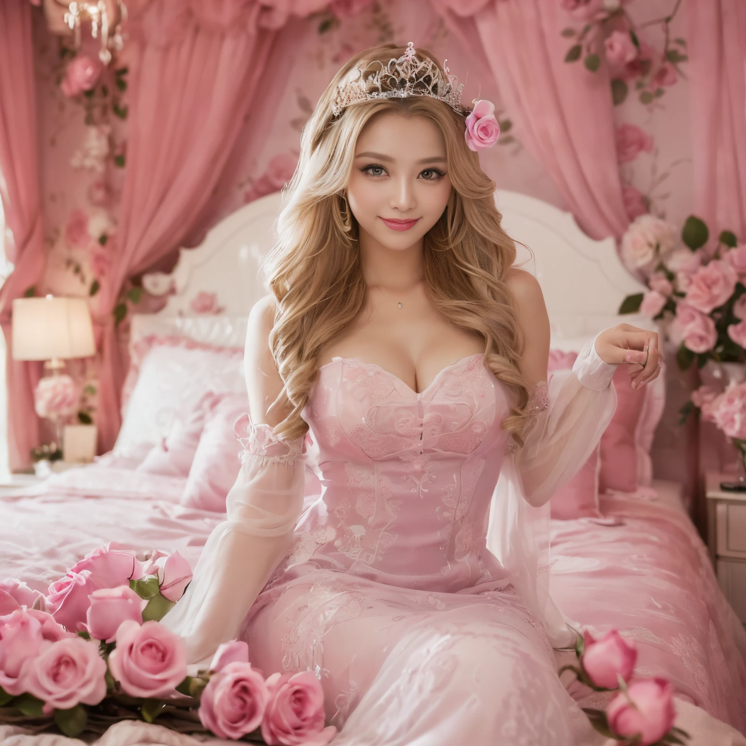 ((top-quality、masutepiece、8K、Top image quality))、(1 photo:1.5)、1 Princess、very bright and vivid、(pink intricate princess dress:1.3)、pink rose decoration dress、(Upper body shot of a woman sitting on a bed:1.5)、(Upper body photo:1.5)、(The happiest smile:1.2)、View me、waved hair、(The background is a very large pink and white room:1.3)、(A pink and white princess room recreated in detail.:1.5)、(Rooms with a sense of openness:1.3)、lipsticks、Perfect makeup、long eyelashes、de pele branca、(accurate anatomy:1.3)、(huge pink bed:1.3)、(gorgeous and cute curtains:1.1)、(A room full of pink roses:1.3)、(The most gorgeous and cute princess room:1.3)、(Gorgeous and cute princess room:1.2)、Rose decoration on background、(intricate and detailed rose:1.3)、(intricate and detailed textures:1.3)、(Depiction of complex and detailed backgrounds:1.3)、(Depth of field is deep:1.3)、(Clear background:1.3)