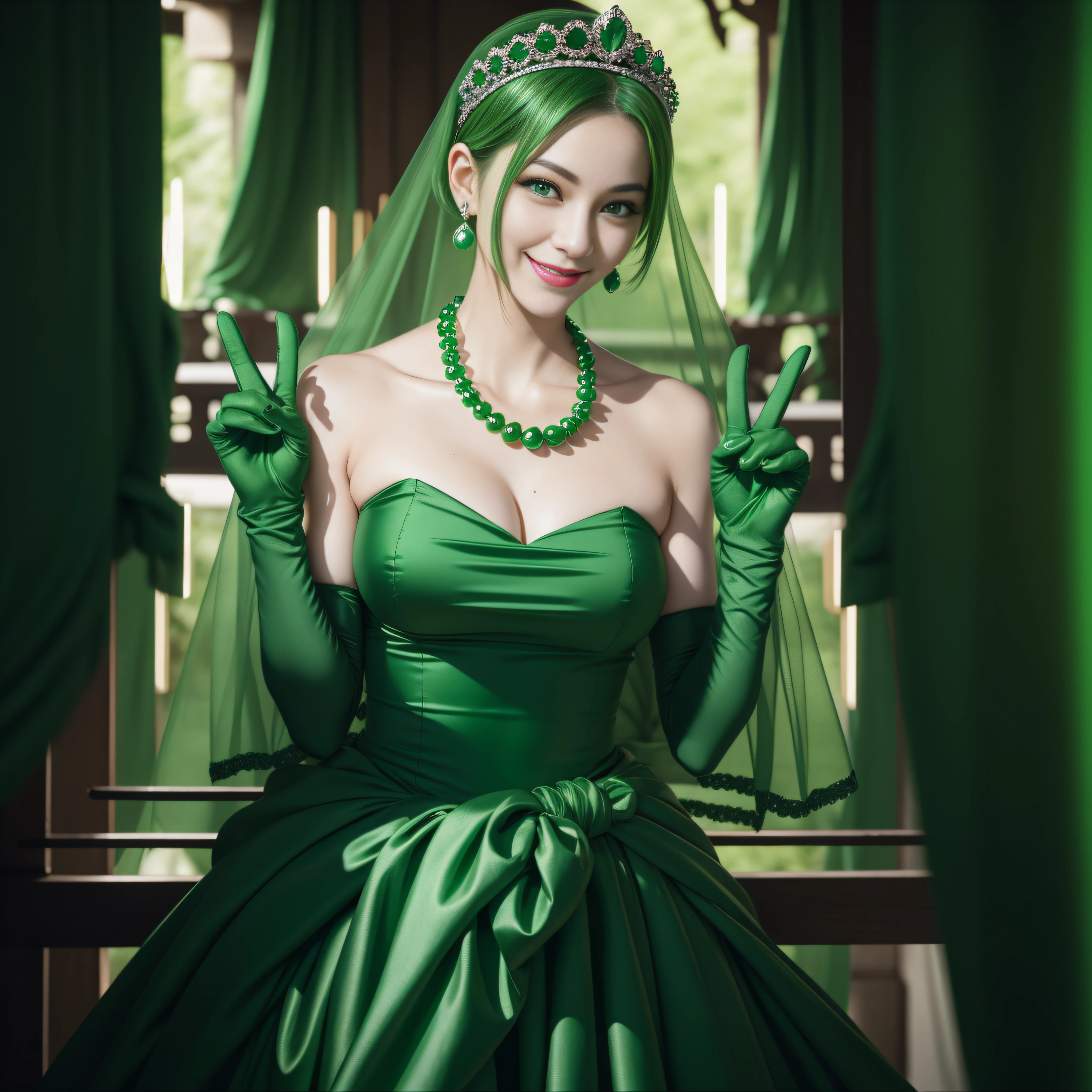 emerald tiara, Green Pearl Necklace, Boyish very short green hair, lipsticks, Japan woman smiling, very short short hair, big breasts beautiful, Green eyes, Long green gloves made of satin material, Green eyes, v sign,V-sign with both hands, Emerald Earrings, Green hair