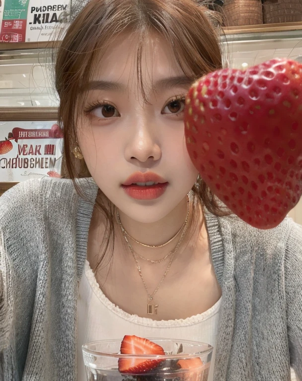 There's a woman holding a strawberry and a glass of fruit, jennie blackpink, Bae Suzy, Jinyoung Canela, tzuyu de duas vezes, jossi do blackpink, Lalisa Manobal, Parque Roseanne do Blackpink, Jaeyeon Nam, Heonhwa Choe, Ulzzang, Lalisa Manoban do Blackpink, Parque Ji-min, Dom Yunjoo