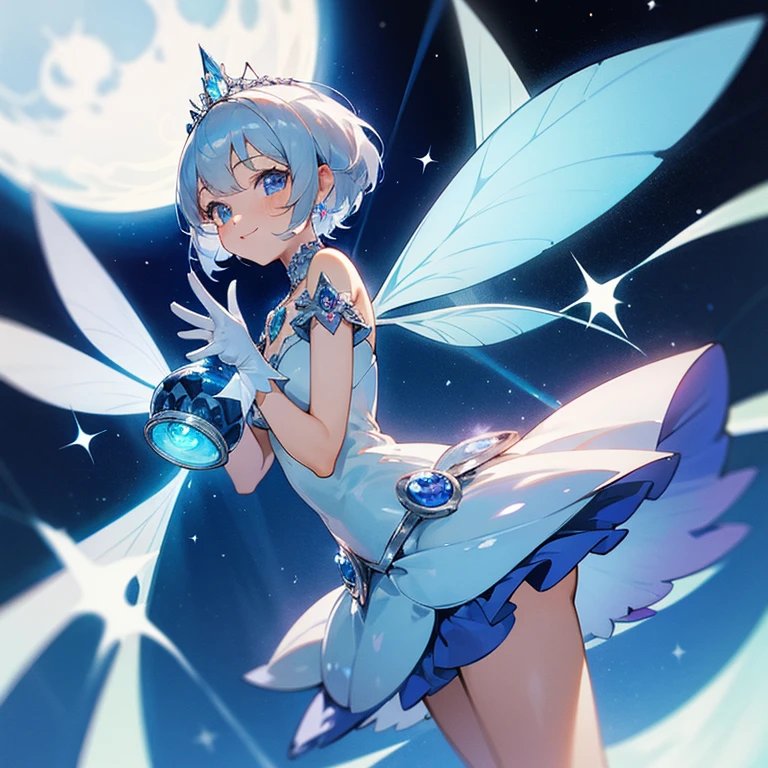 girl with,faerie,silber hair,Short hair,Silver tiara,Blue eyes,Genki, Sparkling eyes,Light blue mini dress,Marsleeve,white glove,Beautiful fece,cute little,fairy wing,Smile,Pedras preciosas,kirakira,stele,Blue ribbon,a moon,moon fairy,mystical