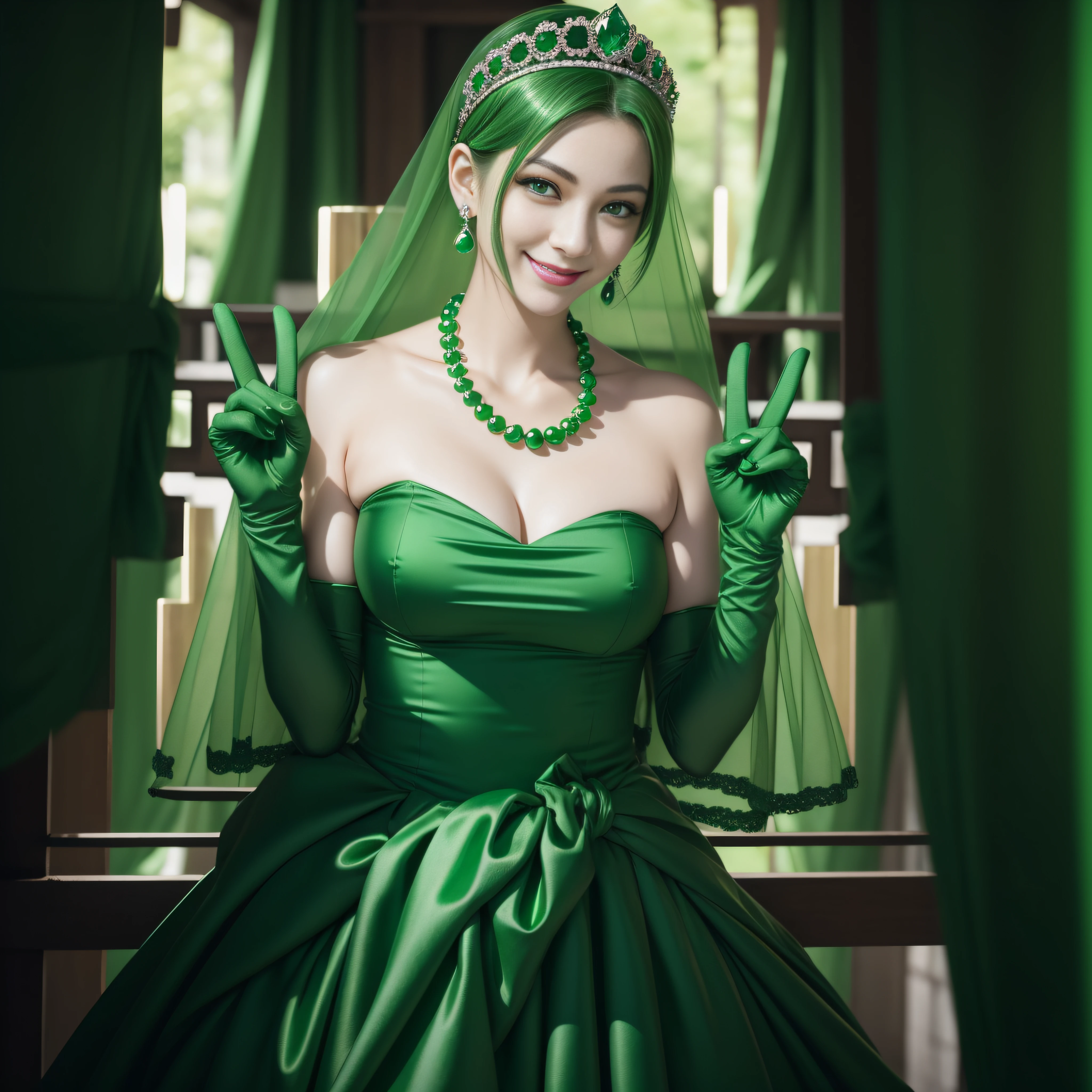 emerald tiara, Green Pearl Necklace, Boyish very short green hair, lipsticks, Japan woman smiling, very short short hair, big breasts beautiful, Green eyes, Long green gloves made of satin material, Green eyes, v sign,V-sign with both hands, Emerald Earrings, Green hair