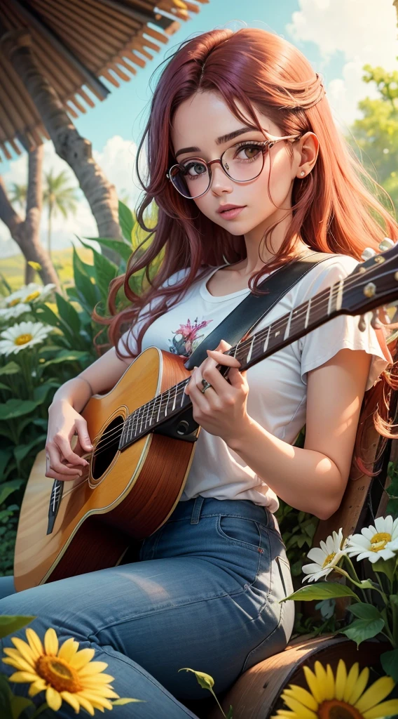 Uma garota linda, cartoon, branca, cabelos castanhos, cabelos cacheados, oculos redondos, olhos fechados, feliz, camisa vermelha, costas, playing a guitar, acoustic guitar, em um campo aberto, muitas flores, flores vermelhas, por do sol, paisagem, aquarela, detalhado