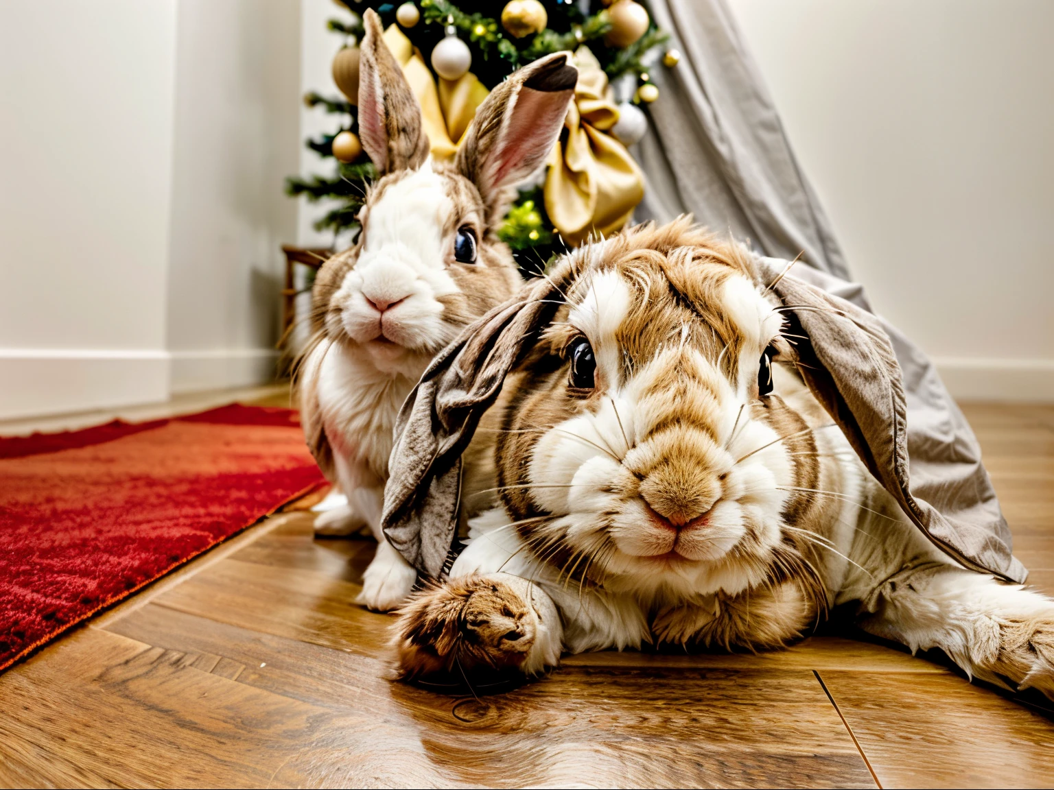 there are two rabbits sitting next to each other on the floor decorating a christmas tree