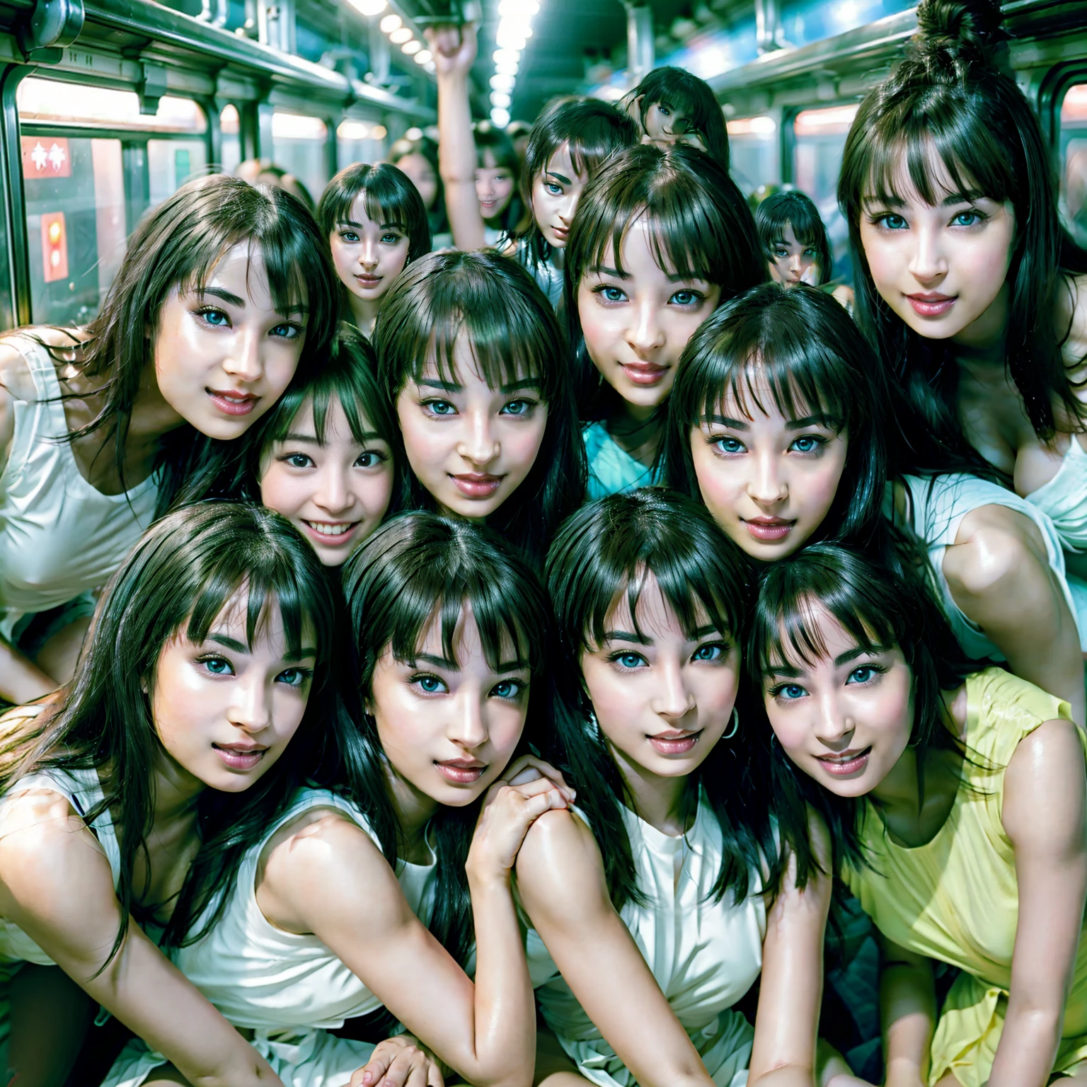Raw photo、(((multiple girls))),((((6+girls)))),((((1000girls)))),(((10000girls)))、(((crowd shot))),((a )),(((Adhesion)))、((Crammed))、((Packed))、elementarthe crowded train)、(((6 years old)))、Women only、japme height))、The same face、((A dark-haired)),Longhaire、1000 cute women hugging and loving each other、(((Large group)))、((chiquita))、sweating、joyous expression、A crowded train full of little girls