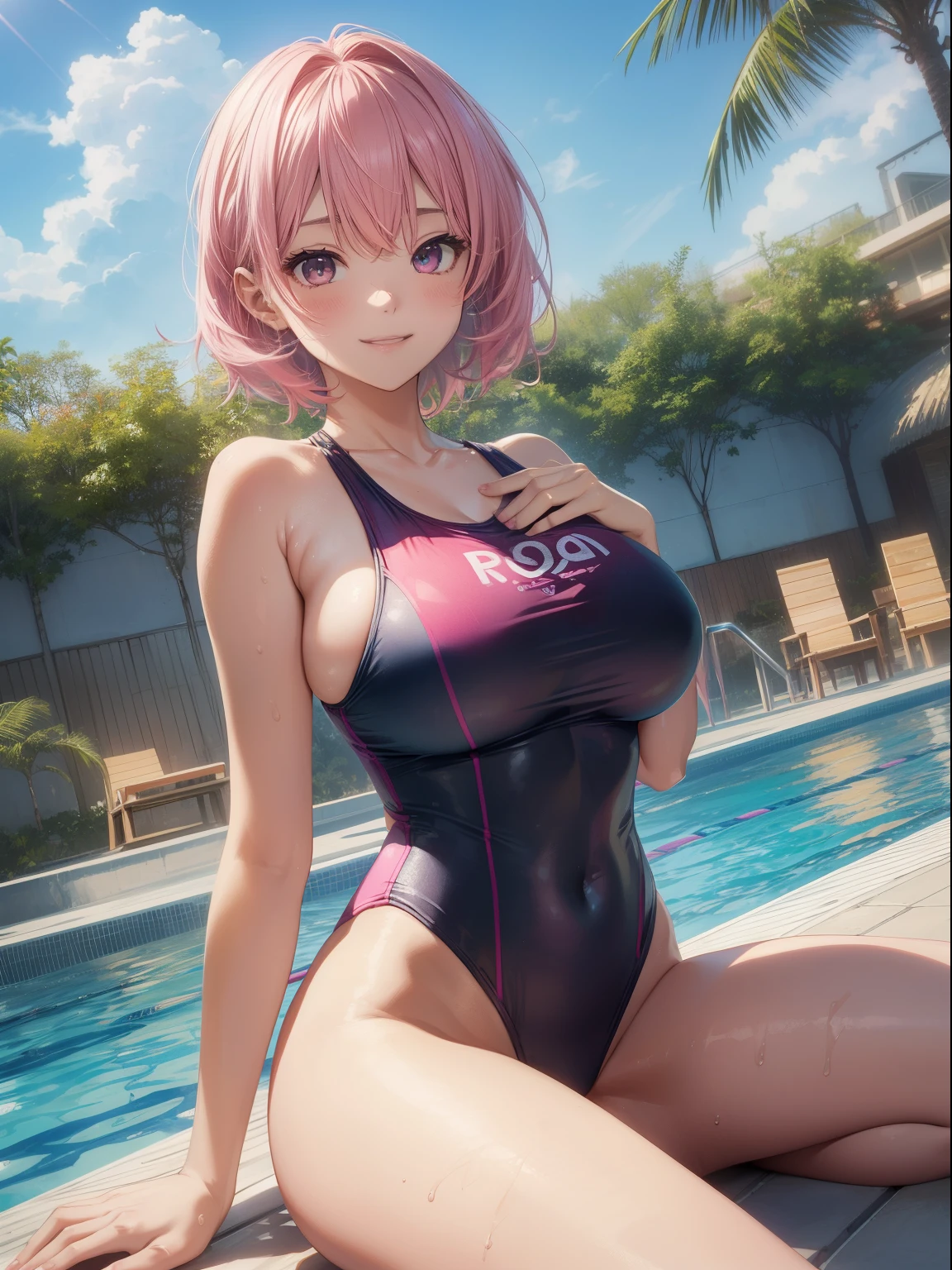 top-quality、Full limbs、complete fingers、Slender beauty、Women with straight hair、(pink hair woman)、Women with medium hair、(Beautiful busty woman:1.3)、((A woman wearing a pink one-piece swimsuit))、Pool facilities、A big smile、Slouching、Composition seen from the front