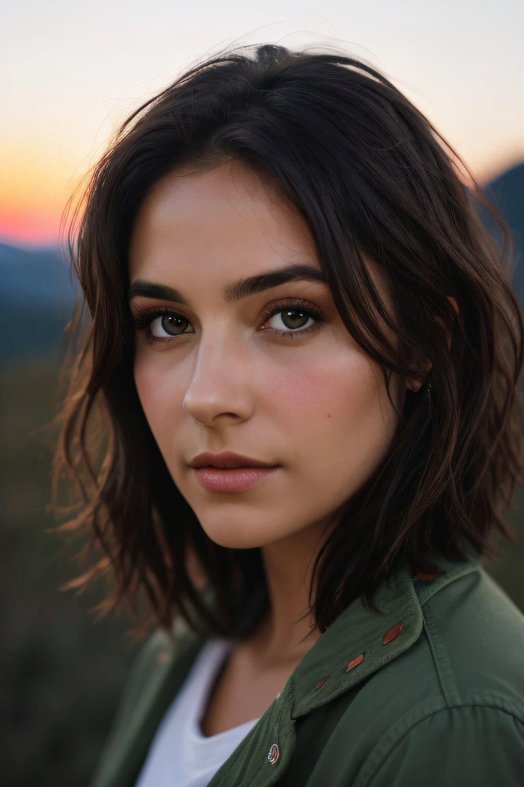 RAW UHD portrait photo of a 35-year-old brunette with bright eyes and high level of detail (staring into the camera), centre of frame, sharp focus, Single-lens reflex camera, depth of field, SLR lighting, upper body, masterpiece, best quality, ultra-detailed, soil, outdoors, mountains, nature, (stars, moon), rocks, sea, sunset, clear sky, style, woman with short and unkempt hair, dark brown hair, beautiful woman, brown eyes, western woman (warm hue, warm tone), short and unkempt hair, detailed skin pores, centre of frame, oily, olive skin