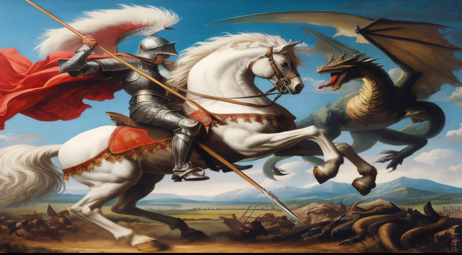 painting of a man on horseback with a dragon and a rider, battle with dragon, pintura renascentista de um cavaleiro, Adriano Borda, Michael Cavalo (Motor irreal, Dragon Knight, oil painting of dragon, Jesus riding a dragon, Directed by: Brian Despain, Directed by: Jan Stanislavski, inspirado em Michael Cheval, dragon rider