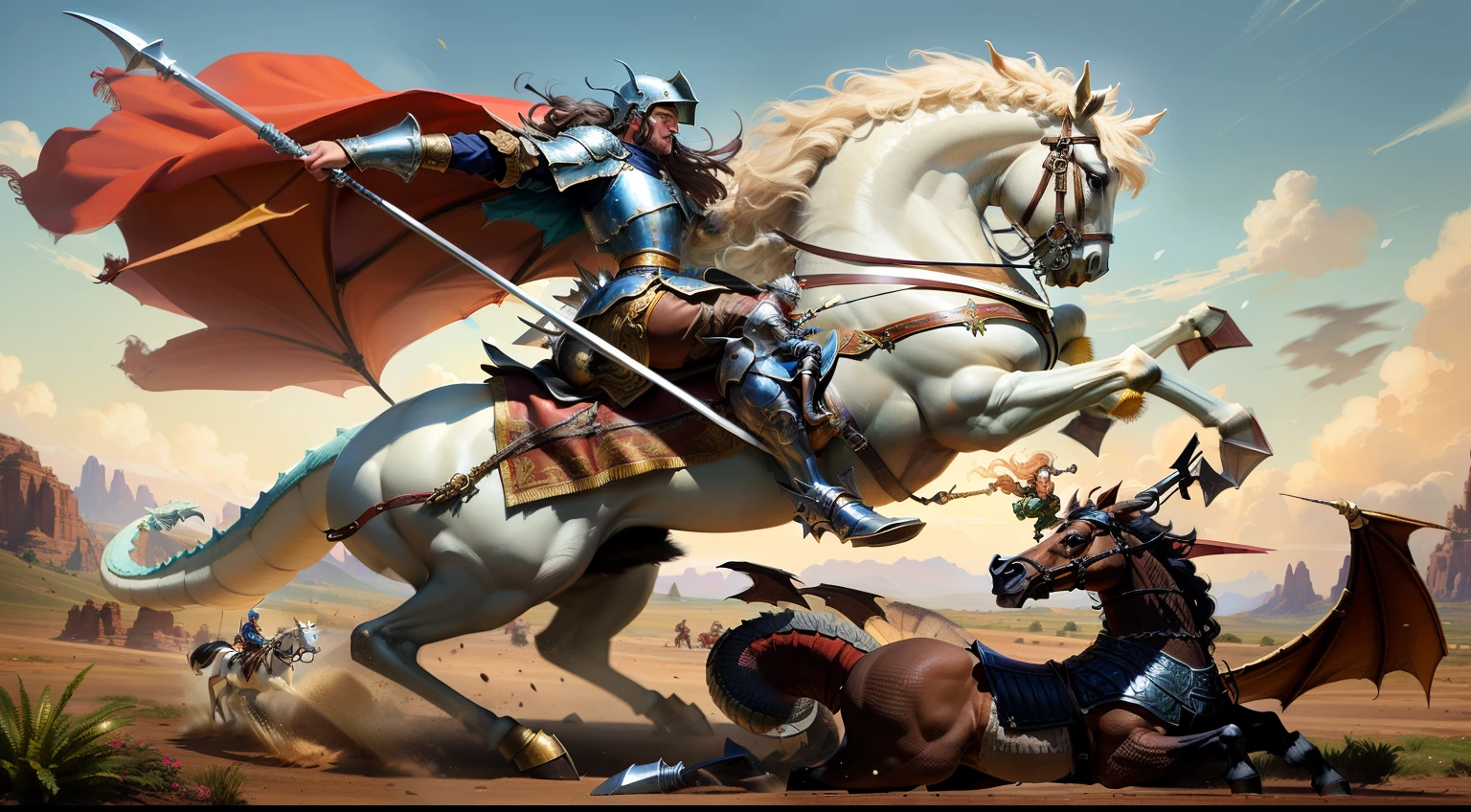 painting of a knight riding a horse with a dragon and a dragon, battle with dragon, pintura renascentista de um cavaleiro, Directed by: Brian Despain, Jesus riding a dragon, pintura de um cavaleiro, cavaleiro a cavalo, cavalo, Michael Cavalo (Motor irreal, arte de fantasia medieval, Adriano Borda, caracol vs cavaleiro, dragon rider, luis ricardo falero