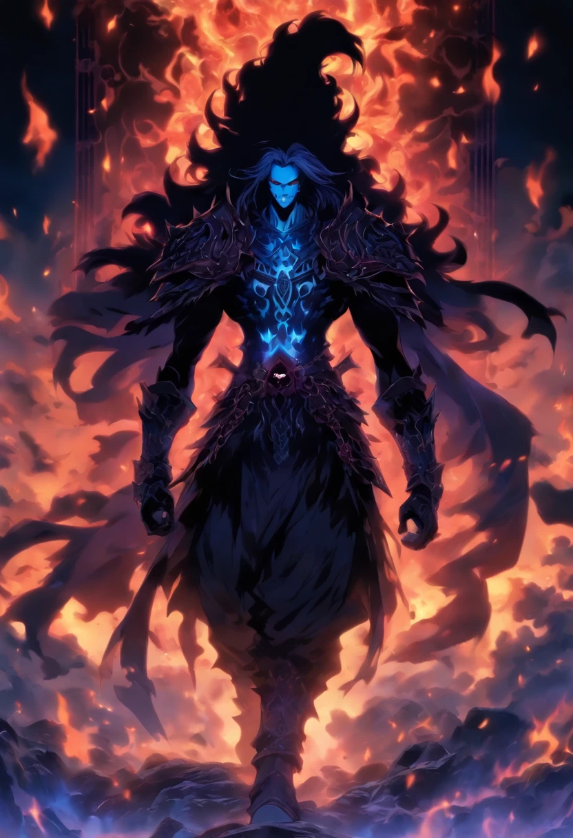Anime male character with long black hair and white eyes, character album cover, full art,fantasy characters, full art illustration, full portrait of elementalist, character art, Official character art, Official character illustrations, merlin, Very detailed official artwork, Game buttons, ounce, mobile game art, Mean face, Spiked Dark Armor, Walking posture, blue flame, There is a huge gate to purgatory in the background,hades,Pitch-black armor,Skull-carved vambraces,Black armor,Lord of Hell,