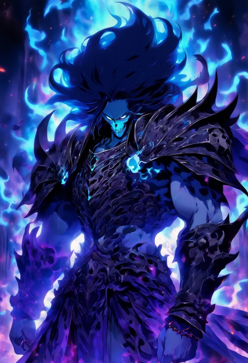 Anime male character with long black hair and white eyes, character album cover, full art,fantasy characters, full art illustration, full portrait of elementalist, character art, Official character art, Official character illustrations, merlin, Very detailed official artwork, Game buttons, ounce, mobile game art, Mean face, Spiked Dark Armor, Walking posture, blue flame, There is a huge gate to purgatory in the background,hades,Pitch-black armor,Skull-carved vambraces,Black armor,Lord of Hell,