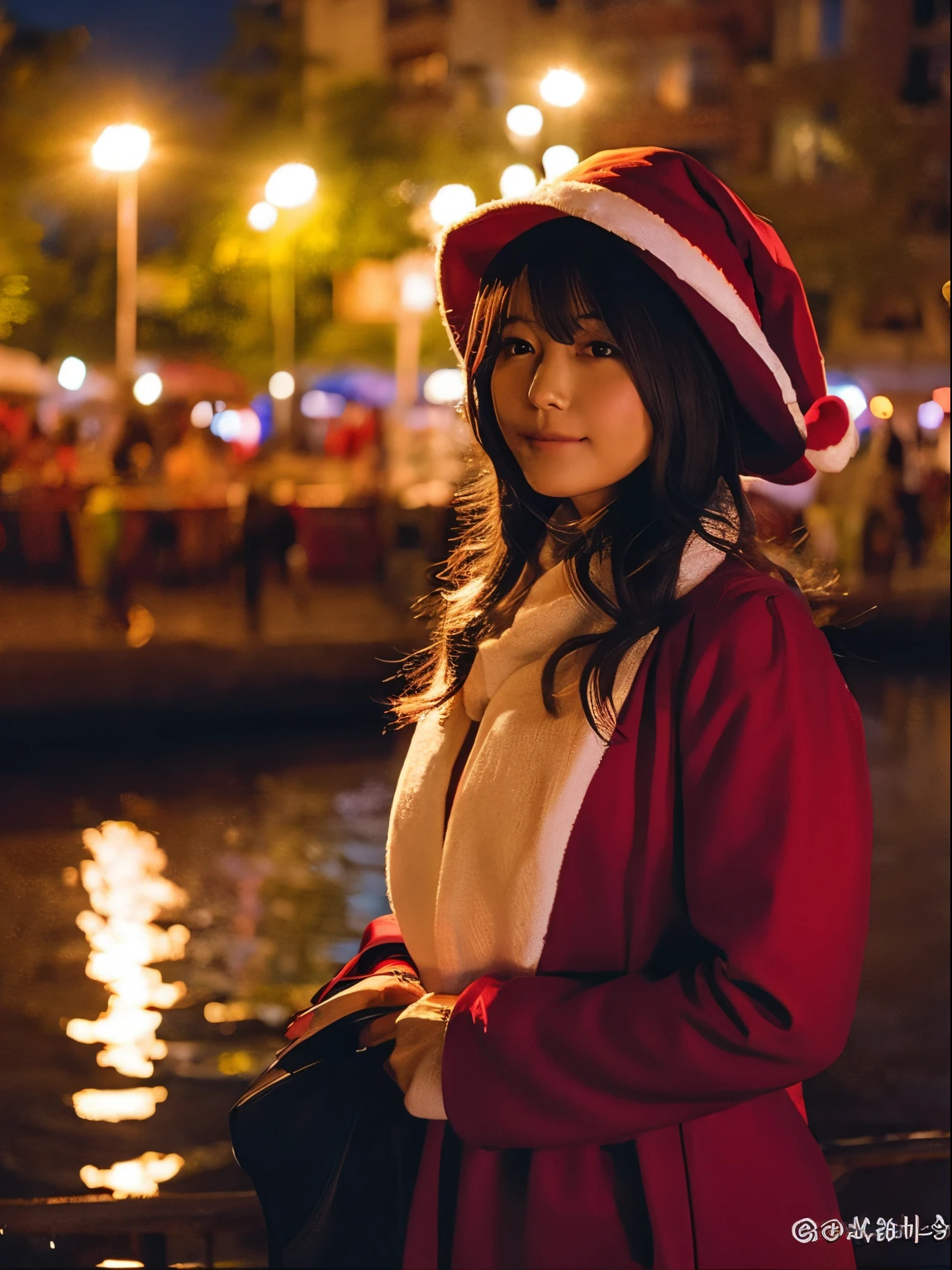 girl dressed as santa claus,night,illuminations