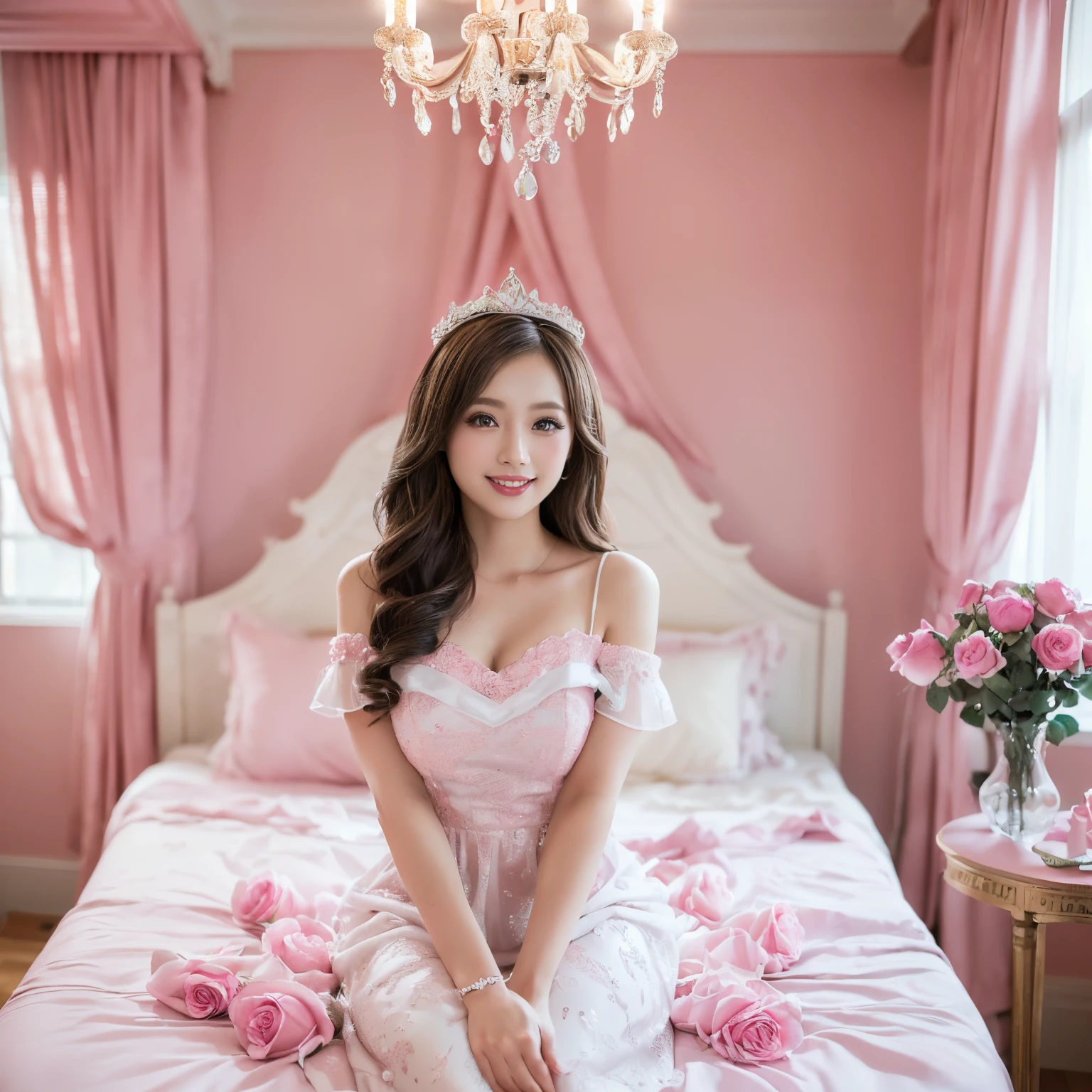 ((top-quality、masutepiece、8K、Top image quality))、(1 photo:1.5)、1 Princess、very bright and vivid、Gorgeous Chandeliers、(pink intricate princess dress:1.3)、pink rose decoration dress、(Upper body shot of a woman sitting on a bed:1.5)、(Upper body photo:1.5)、(The happiest smile:1.2)、View me、waved hair、(The background is a very large pink and white room:1.3)、(A pink and white princess room recreated in detail.:1.5)、(Rooms with a sense of openness:1.3)、lipsticks、Perfect makeup、long eyelashes、de pele branca、(accurate anatomy:1.3)、(huge pink bed:1.3)、(Gorgeous and cute curtains:1.1)、(A room full of pink roses:1.3)、(The most gorgeous and cute princess room:1.3)、(Gorgeous and cute princess room:1.2)、Rose decoration on background、(intricate and detailed rose:1.3)、(intricate and detailed textures:1.3)、(Depiction of complex and detailed backgrounds:1.3)、(Depth of field is deep:1.3)、(Clear background:1.3)、Pink glow、A room wrapped in pink