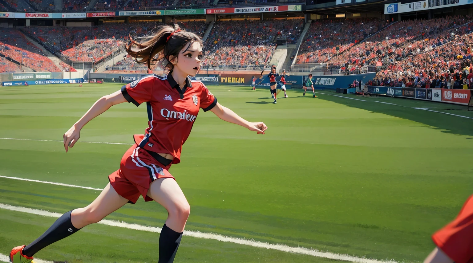 un wallpaper de un partido de soccer femenil donde este la mejor jugadora al frente se ve increible muy detallada 4k corriendo jugando al fondo desenfocado se ve el resto de las jugadoras en un estadio de futbol de noche hay mucha gente en las gradas los uniformes son negros con rojo