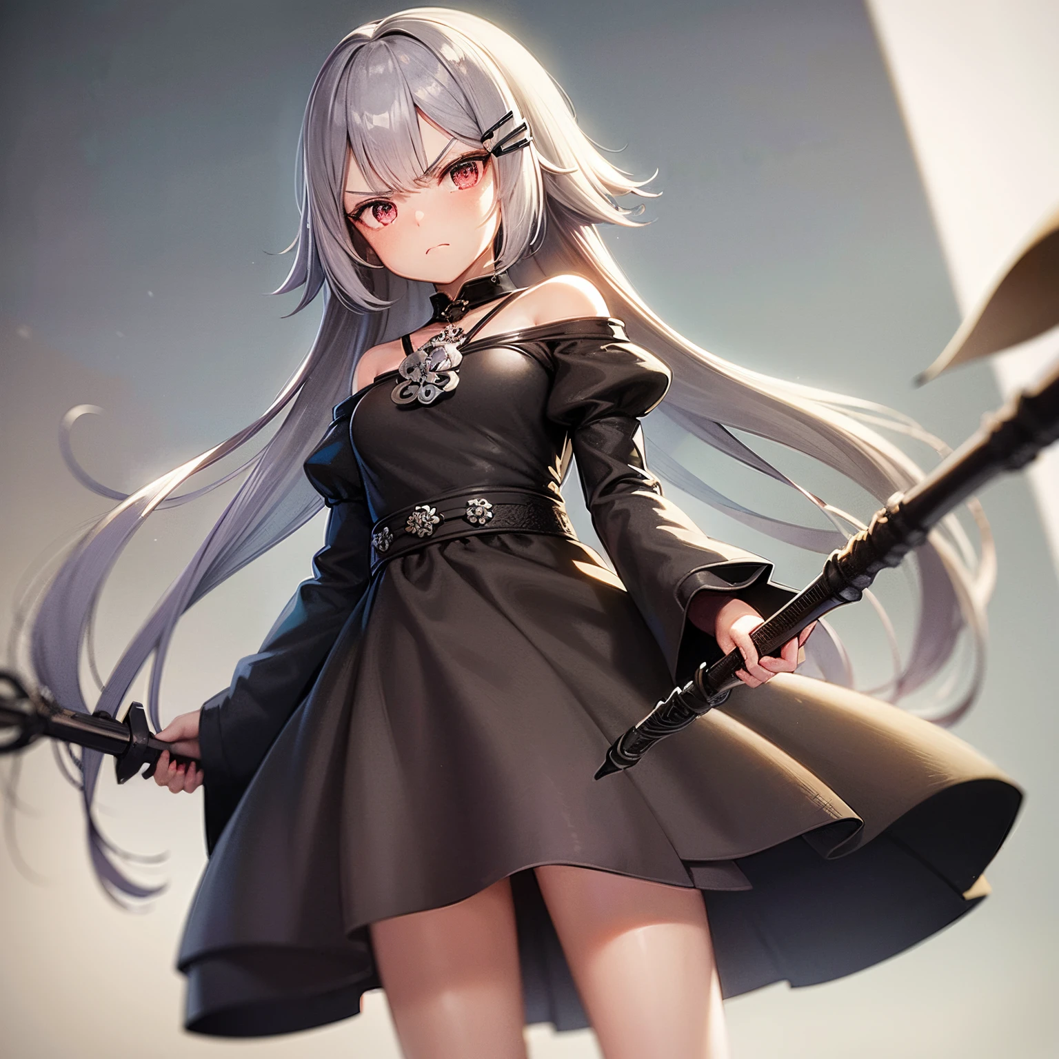 A girl, grey hair, streaked hair, crown, hairclip, weapons, Clover hair ornament, Wide-Eyed, Sanpaku, angry, frown, frown, shaded, Nervous smile, anime, Realism, Panel Type, Chiaroscuro, UHD