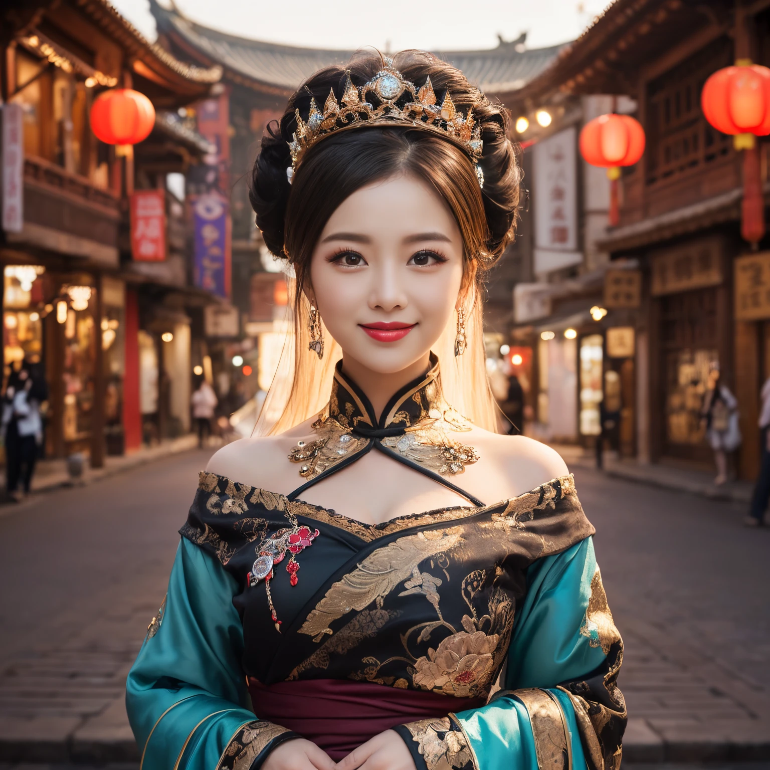 ((top-quality、masutepiece、8K、Top image quality、Highly complex and detailed depictions))、(Chinese queen full body photo:1.3)、late pregnancy、Bulging belly、pregnant queen、The gorgeous city of Chang'an at night、((The most gorgeous Chinese queen's huge costume、the most vivid and luxurious costumes、big long costume、The most luxurious and huge capital of Chang'an、An unimaginably luxurious building、A very luxurious and huge city、huge city at midnight、Very complex decoration、very clear huge architecture))、(View me、Bewitching smile、Perfect makeup、long eyelashes、lipsticks、Vibrant eyeshadow、perfect anatomia、A slight smil)、(Clear and luxurious capital background:1.3)、the biggest smile when you look at me、beautiful smiling face、smiling queen、Princess hairstyle、A city with a clear background、Depth of field is deep、A city with a clear background