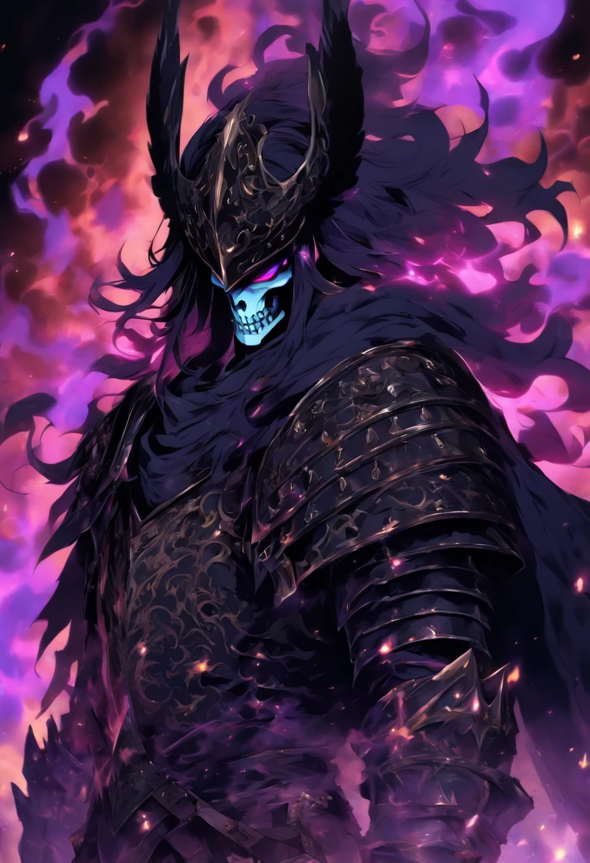 Anime male character with long black hair and white eyes, character album cover, full art,fantasy characters, full art illustration, full portrait of elementalist, character art, Official character art, Official character illustrations, merlin, Very detailed official artwork, Game buttons, ounce, mobile game art, Mean face, Spiked Dark Armor, Walking posture, Purple flame, There is a huge gate to purgatory in the background,hades,Pitch-black armor,Skull-carved vambraces,Black armor,Lord of Hell,Knight heavy armor,face covering helmet