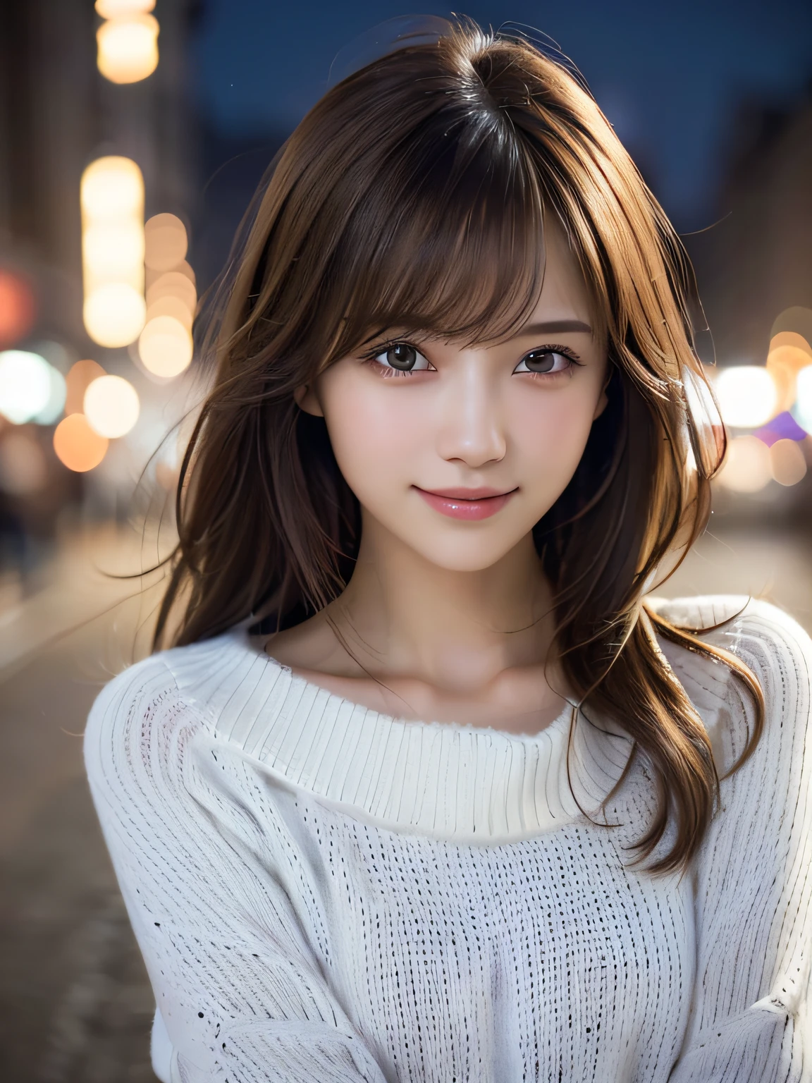 1girl in,(White sweater:1.4),(Muffler on the neck:1.2), (Raw photo, Best Quality), (Realistic, Photorealsitic:1.4), masutepiece, extremely delicate and beautiful, Extremely detailed, 8k wallpaper, amazing, finely detail, extremely detailed CG Unity, hight resolution, Soft light, Beautiful detailed 19 year old girl, extremely detailed eye and face, beautiful detailed nose, Beautiful detailed eyes,Cinematic lighting,city light at night,Perfect Anatomy,Slender body,Smiling  (hair messy, asymmetrical bangs, light brown hair,)