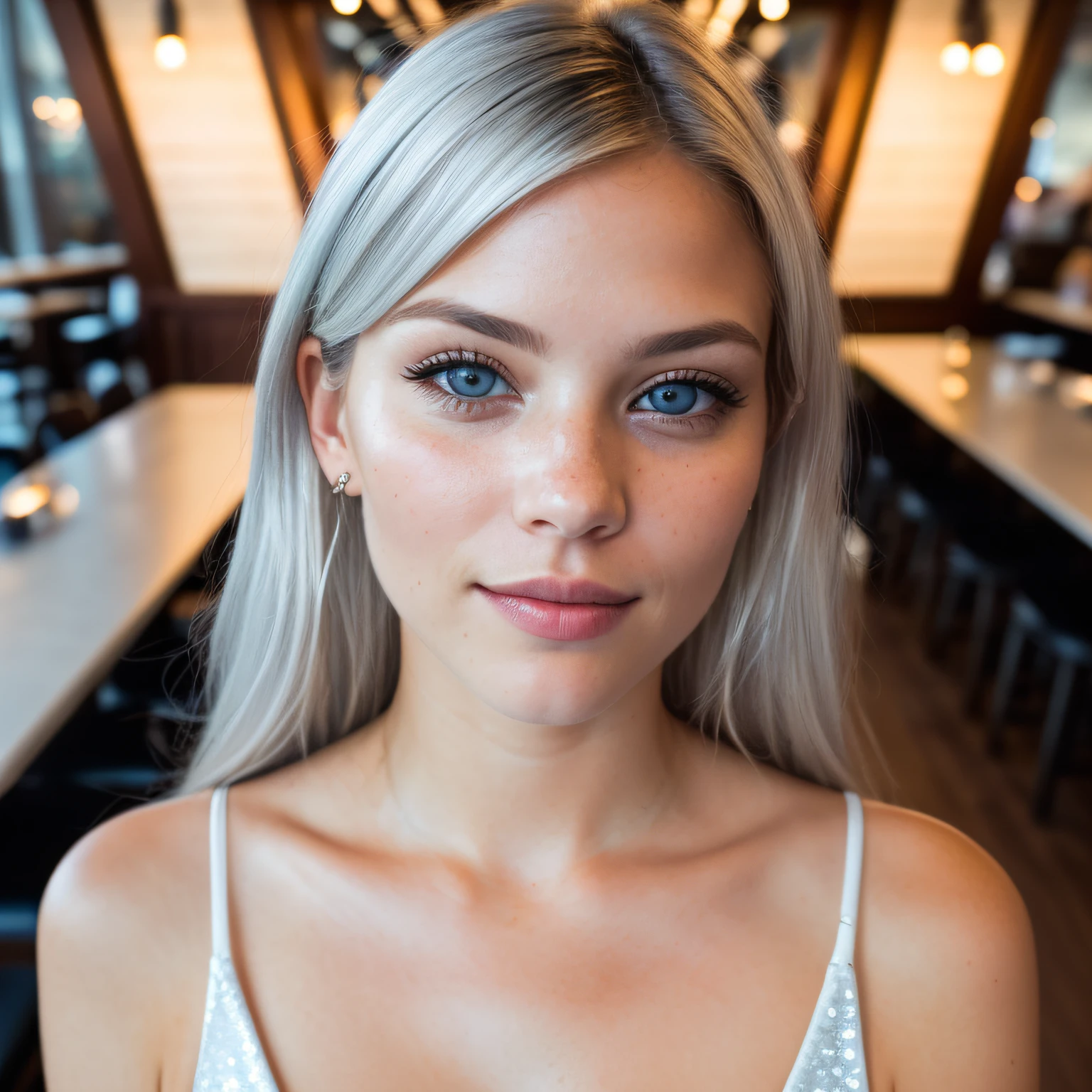 (selfie, top view: 1.4), (straight half of the body: 1.4), RAW UHD portrait photo of a 24-year-old blonde (blue-eyed woman) in restaurant, large breasts,, sunlight, (black night dress), (neckline), details (textures! ,wave white hair! , glitter, color!! , disadvantages: 1.1), glossy eyes with high detail (looking at the camera), SLR lighting, SLR camera, ultra-quality, sharpness, depth of field, film grain (center), Fujifilm XT3, crystal clear, frame center, beautiful face, sharp focus, indoor lighting, bokeh, night, detailed skin pores, oily skin, sunburn, complex eye details, full body, large breasts