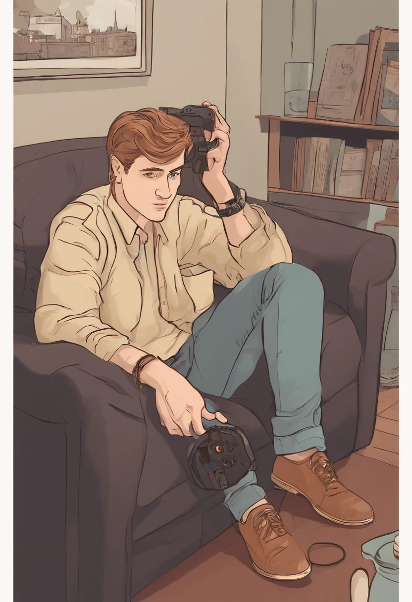 The image is of Bill sitting on his messy couch with a PlayStation controller in his hand, playing a new video game.,original,In his early to mid-20s, Bill's appearance mirrors his internal struggles—short, light brown to blonde hair, soft features on a tall frame. , male