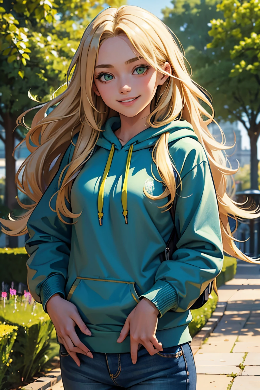 , girl, long blonde hair, flowing blonde hair, green eyes, colorful hoody, jeans and backpack, smiling sweetly, masterpiece, high quality, standing in a parc in town.