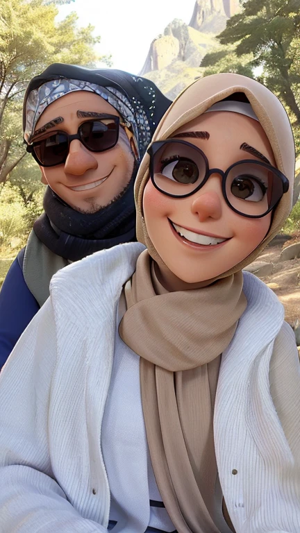 Smiling woman in a beige Muslim headscarf and sunglasses sitting next to a man, Pareja feliz, frente a un fondo forestal, gafas de sol. Pareja encantadora, 💕 🎀. Historia de Instagram, with mountains as background, taken in the early 2020s, pareja, Aparcar en el fondo