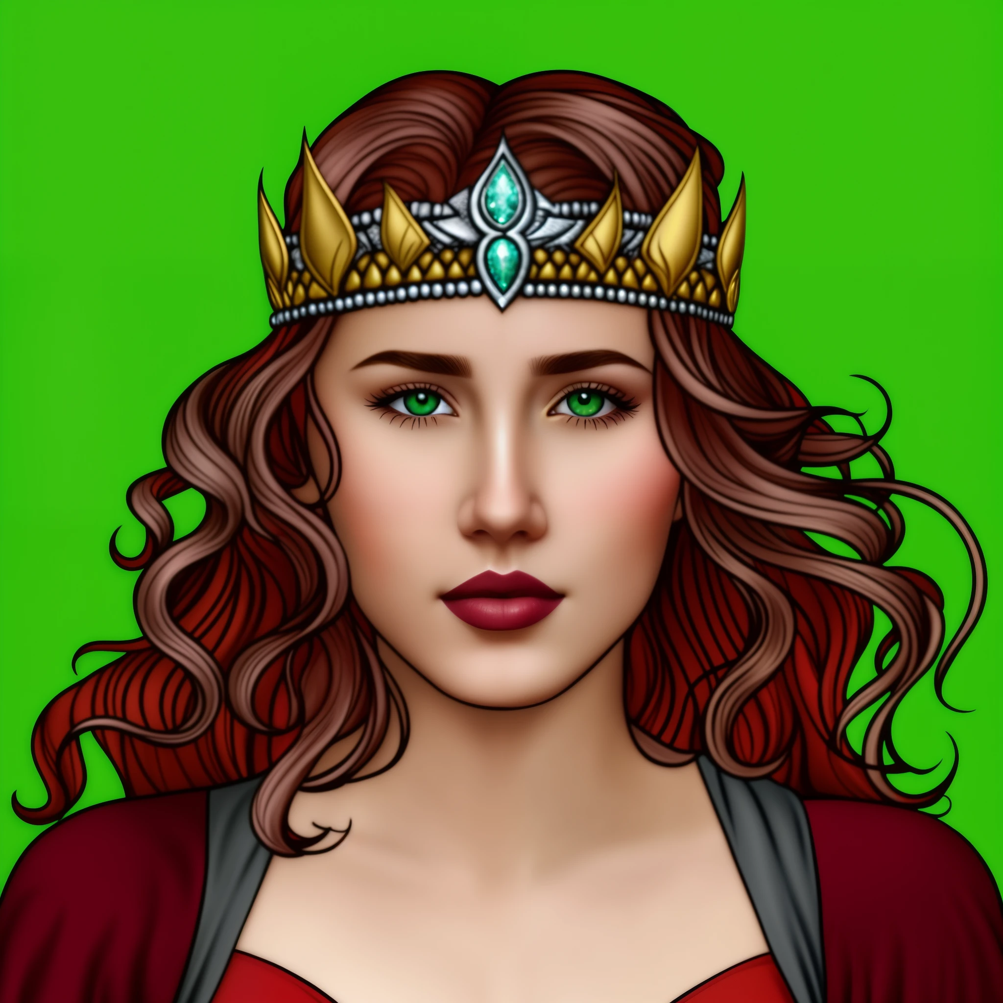 um close de uma linda garota usando uma coroa em um fundo verde, jovem Rainha ruiva em vestido vermelho, Retrato de uma jovem rainha humana, retrato do characture da fantasia, Retrato de Darna moderno, fantasy rpg symmetrical portrait, Boca linda, nariz fino, rosto perfeito, (( roupas detalhadas)), jovem garota, garota jovem, seios grandes, olhos verdes, sexy, jovem mulher linda e sexy, hot art,retrato detalhado do caractere, retrato de fantasia fosco detalhado, retrato do personagem da fantasia, estilo fantasia graphic novel, Retrato de Emily Blunt como rainha, portrait of princess merida,(( vestido detalhado)), coroa brilhante, (( seios grandes, rainha sexy)), Boca linda, nariz fino, rosto perfeito, (( roupas detalhadas)), jovem garota, garota jovem, seios grandes, olhos verdes, sexy, jovem mulher linda e sexy, hot art