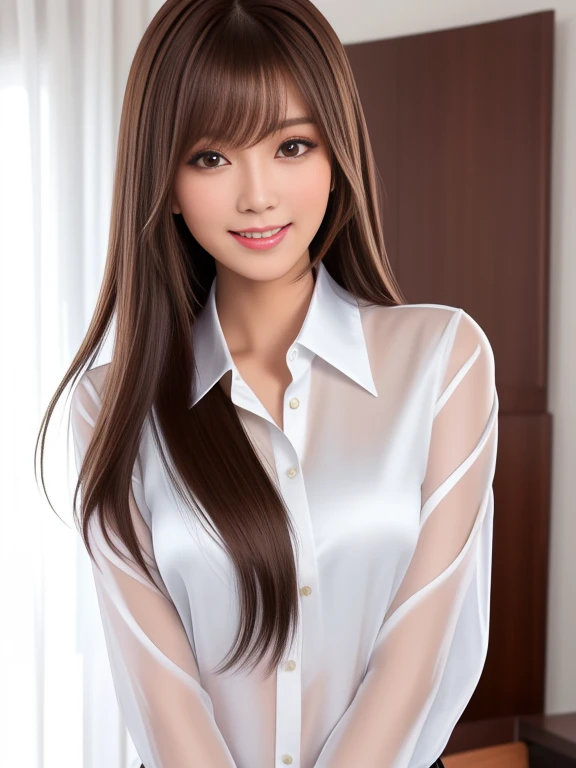 product quality, 1girl, full body shot, front view, a Japanese young pretty girl, long bob hair, sitting alone with a big smile on a silk bed in a luxury room in the night, glamorous figure, wearing a long sleeve and white collared silky satin shirt unbuttoned, shiny satin white panties, hyper cute face, glossy lips, double eyelids in both eyes, natural makeup, long eyelashes, shiny smooth light brown long bob hair, asymmetrical bangs, central image, high resolution, high detail, detailed hairstyle, detailed face, spectacular cinematic lighting, octane rendering, vibrant, hyper realistic, perfect limbs, perfect anatomy