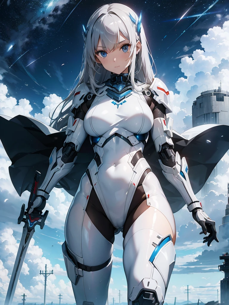 Woman in white suit holding sword, Mecha Iron White Futuristic Armor Clean Modern Simple Elegant, Porcelain Cyborg Armor, SF Women's Army