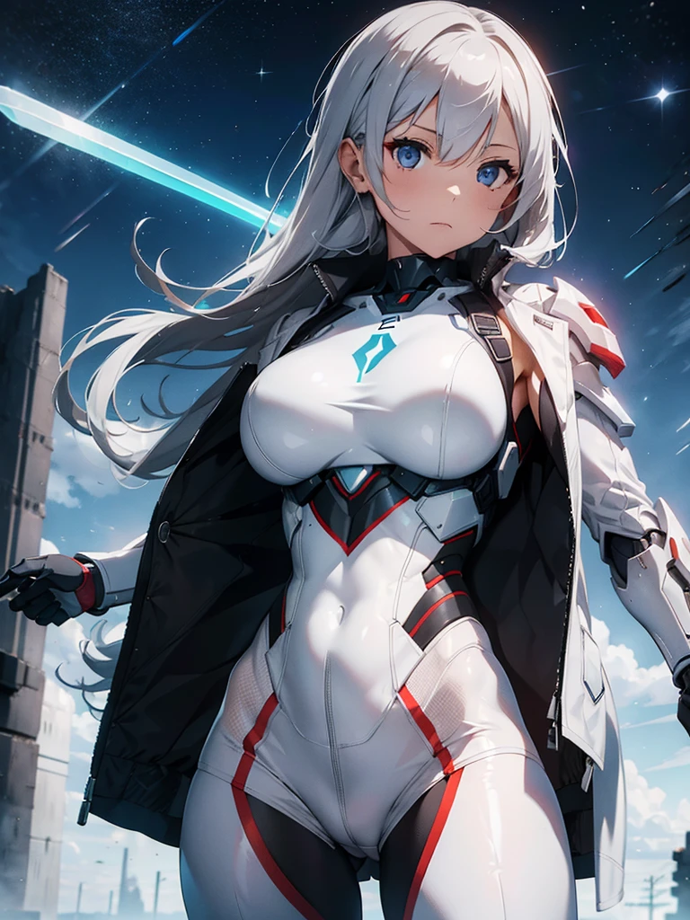 Woman in white suit holding sword, Mecha Iron White Futuristic Armor Clean Modern Simple Elegant, Porcelain Cyborg Armor, SF Women's Army