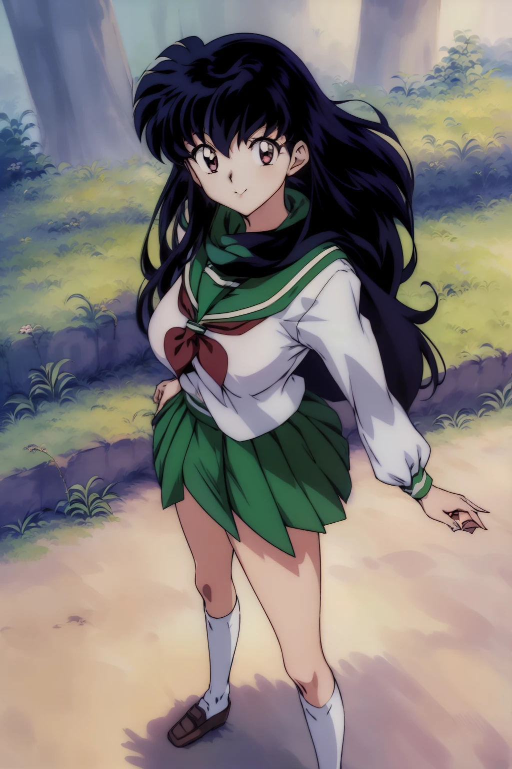 Best quality, masterpiece, HD, Kagome Higurashi, 1girl, school uniform, full body, young girl, full body , ((Anime)), ((colored)), breast, smile , thighs soft , scarf , green skirt , full body