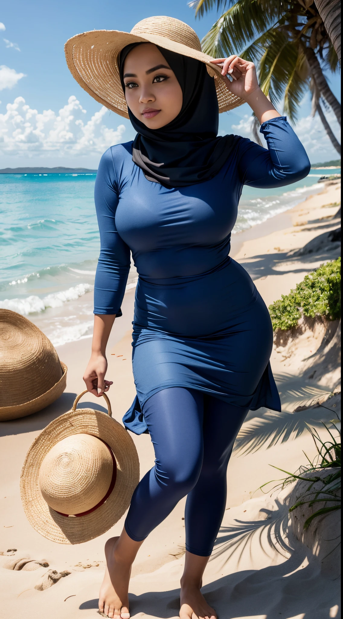 RAW, Best quality, high resolution, works: 1.3), beautiful Malay woman in hijab (iu:0.8),big breasts, standing, big eyes, beautiful face, watery eyes, big eyes, perfect face, gentle smile, wearing a blue dress and straw hat on the beach , with straw hat, wearing blue, tight leggings, at sea, amazing masterpiece, posing on the beach with the ocean, by the sea, blue outfit, navy blue, on the beach, on the beach, on the beach, standing on the beach, in the sea,