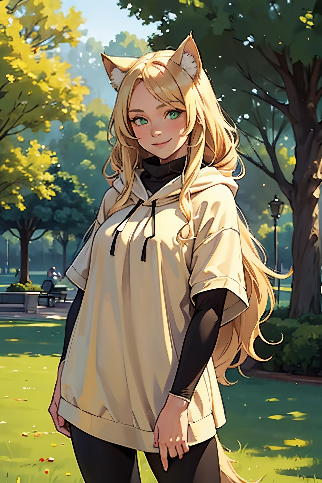 14 years old, girl, long blonde hair, flowing blonde hair, cat ears, green eyes, oversized poncho, leggings, smiling sweetly, masterpiece, high quality, standing in a parc in town.
